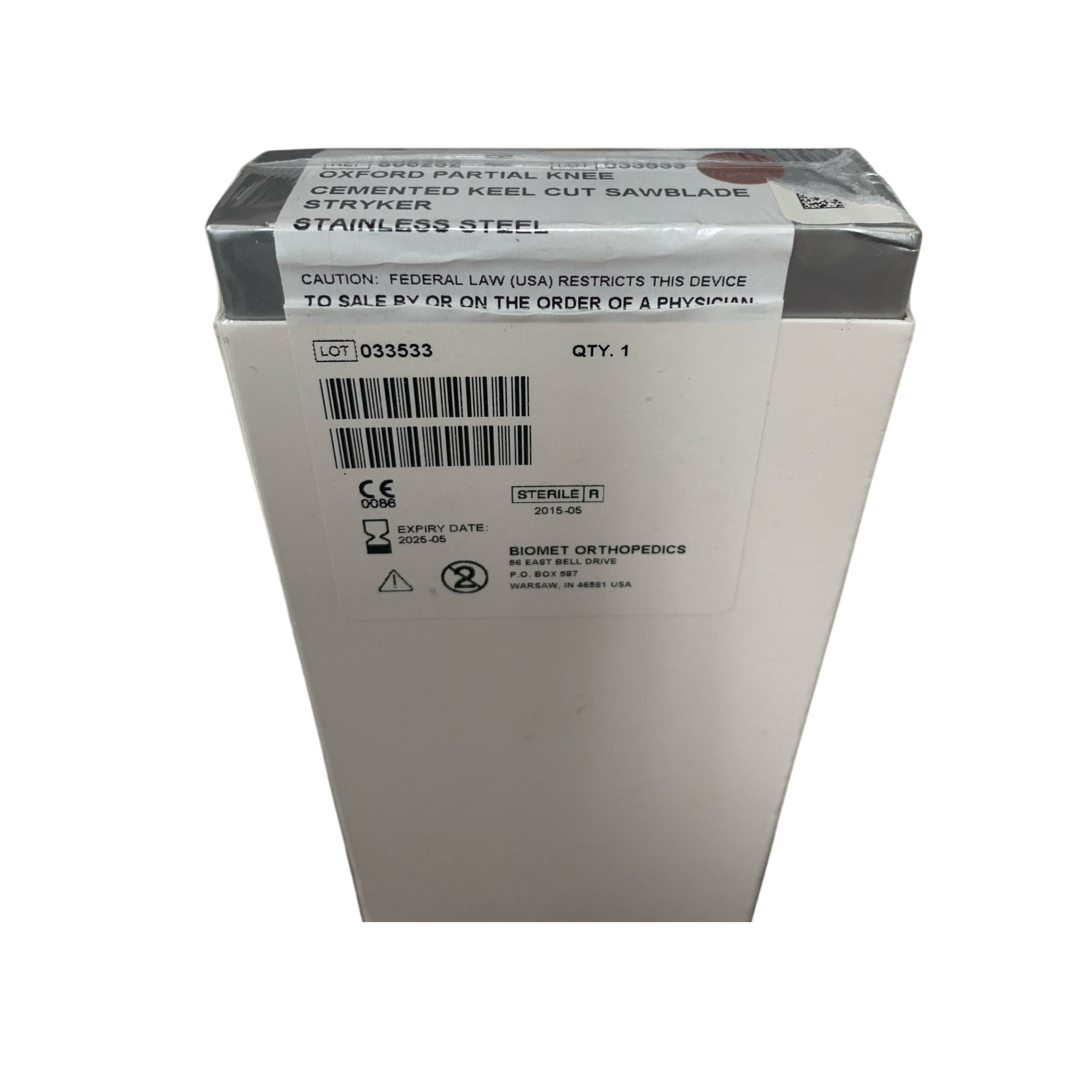 ZIMMER BIOMET REF 506252 OXFORD PARTIAL KNEE CEMENTED KEEL CUT SAWBLADE STAINLESS STEEL EXP 2025 05