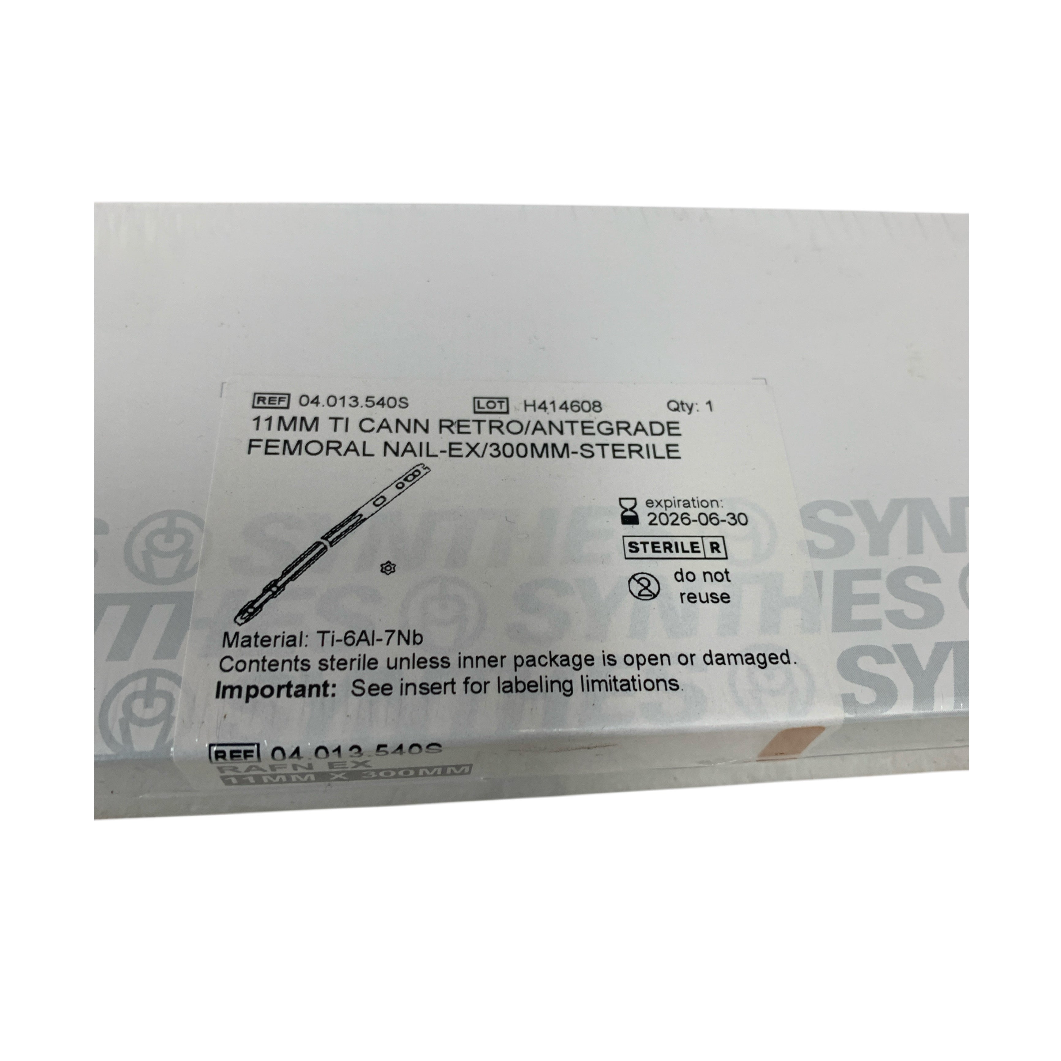 SYNTHES 04.013.540S 11MM Ti Cann Retro Antegrade Femoral Nail EX 300MM Sterile Exp 2026 06