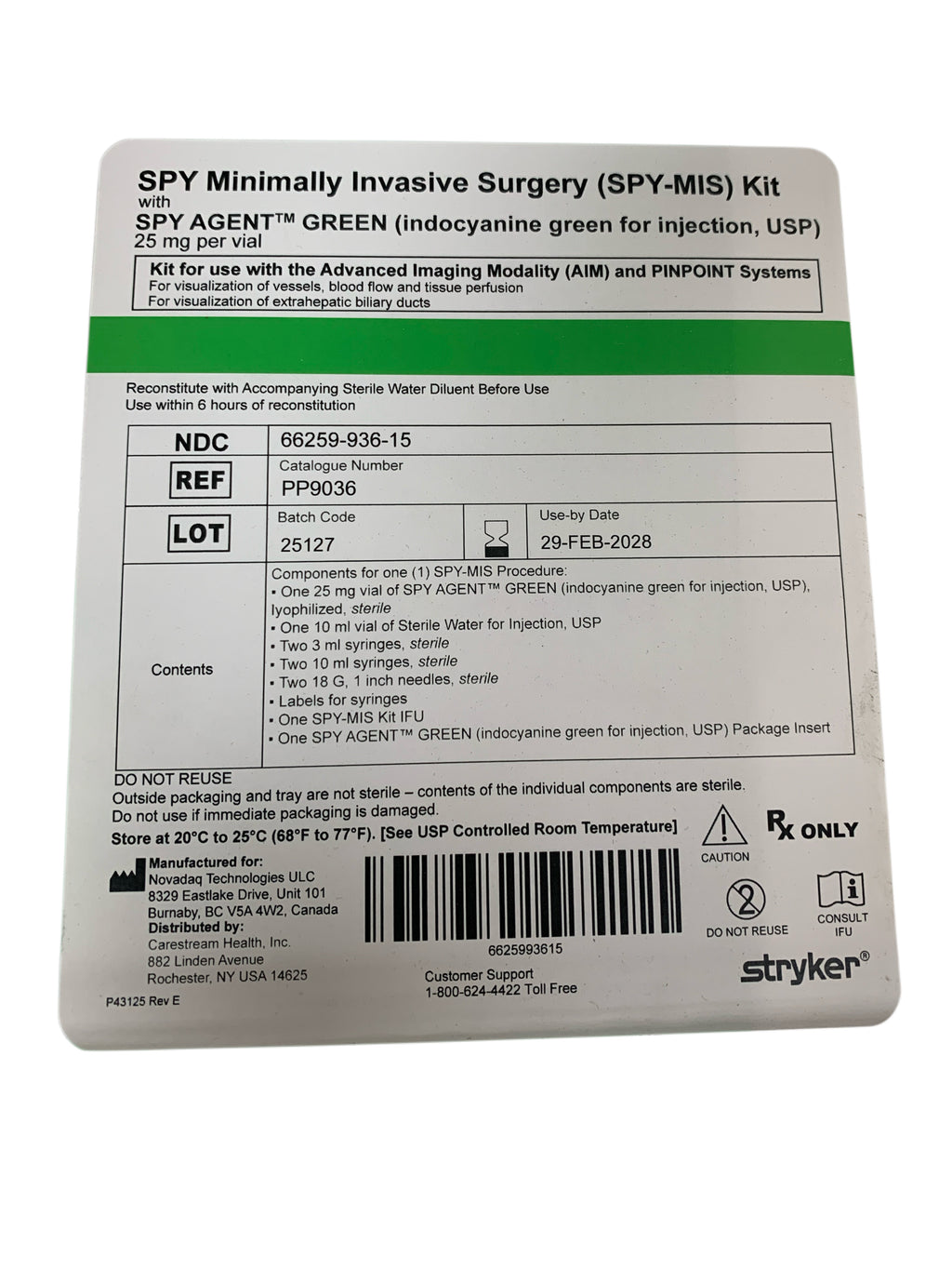 STRYKER REF PP9036 SPY Minimally Invasive Surgery SPY-MIS Kit, Exp2028/02