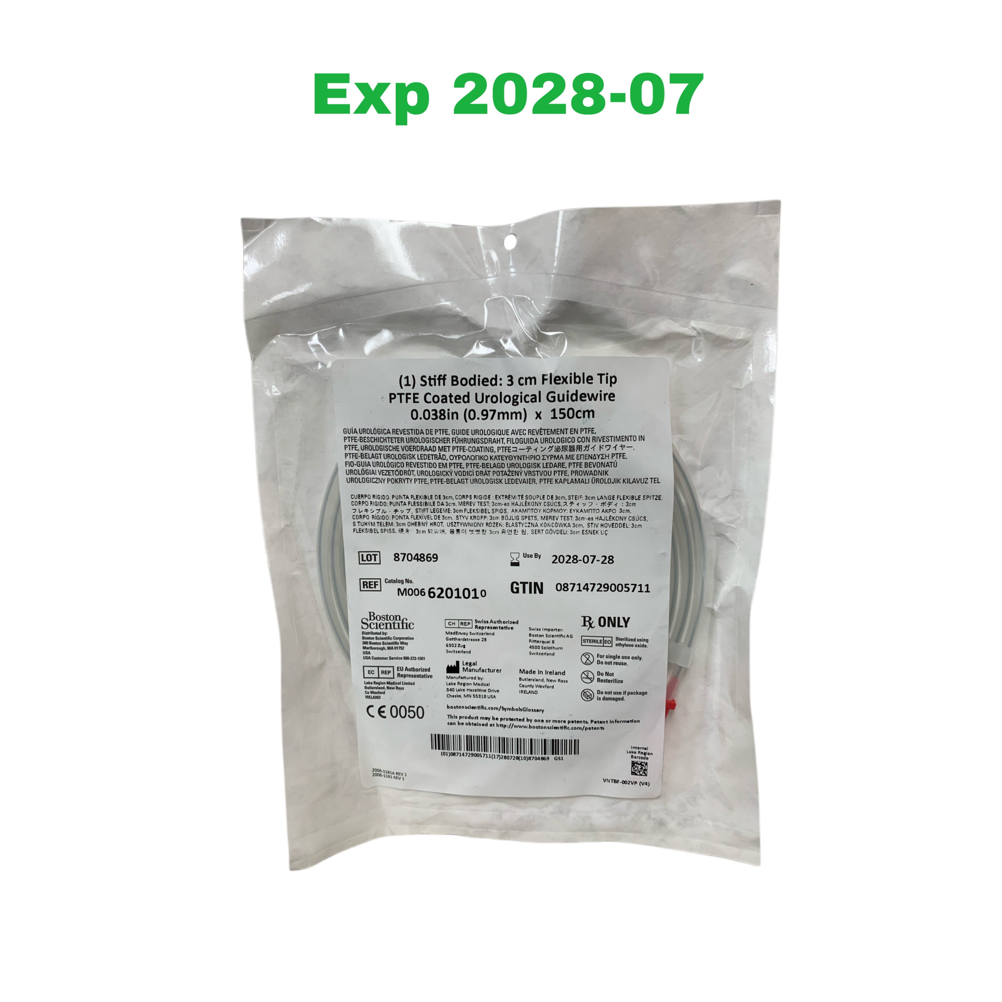 BOSTON SCIENTIFIC REF M0066201010 Stiff Bodied 3cm Flexible Tip PTFE Coated Urological Guidewire 0.038in (0.97mm) x 150cm, Exp.2028/07