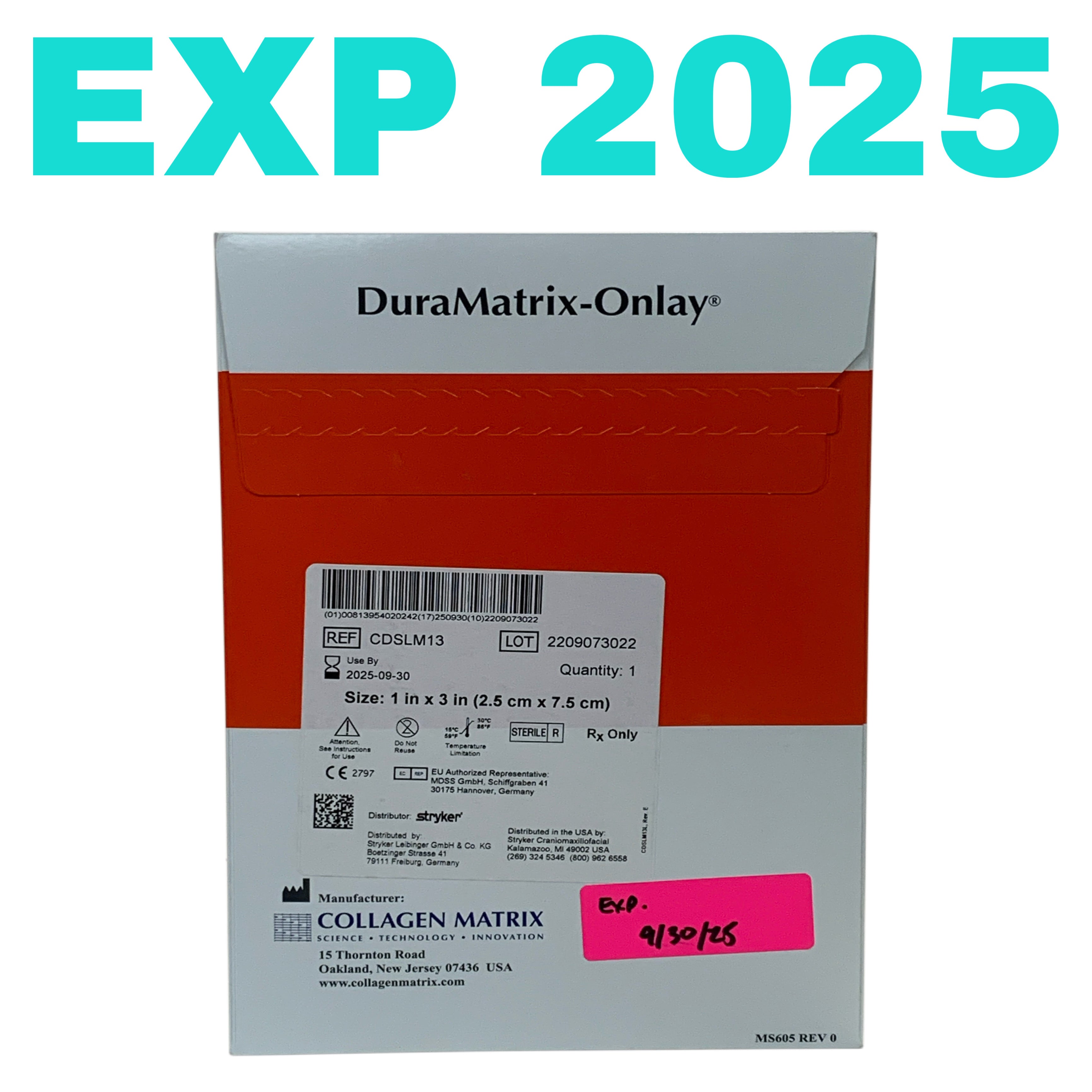 STRYKER REF CDSLM13 DuraMatrix-Onlay 1 in x 3 in(Collagen Matrix), Exp.2025/09