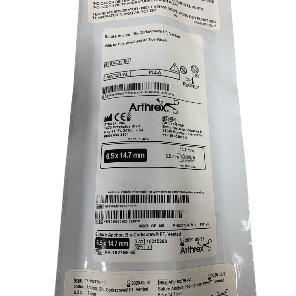 ARTHREX AR-1927BF-65 Suture Anchor Bio Corkscrew FT Vented With 2 FiberWire and 2 TigerWire 6.5 x 14.7 mm Exp 2020 05