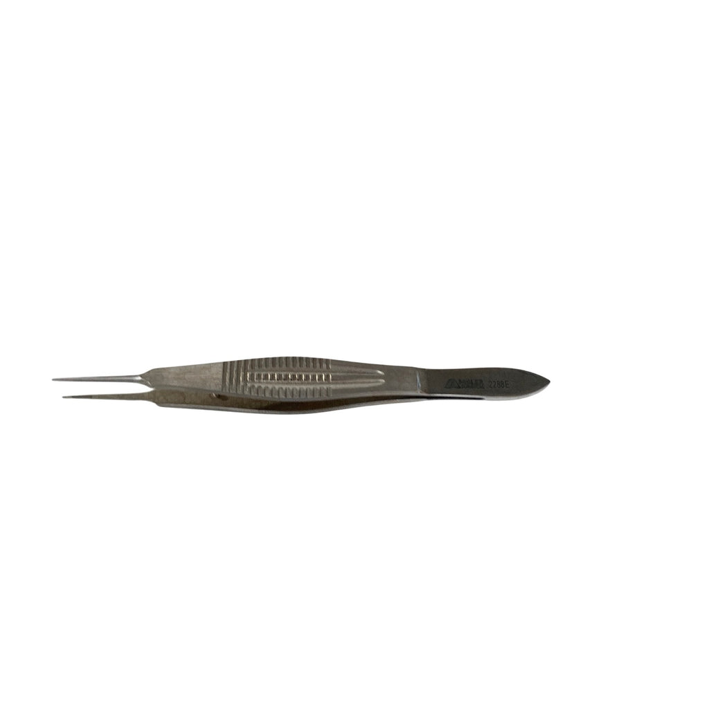 AMBLER REF 2288E MacGregor conjunctival forceps 4 3/8'',straight shafts, 5.5mm tying platform, 1.0mm cross-serrated tips, wide flat handle