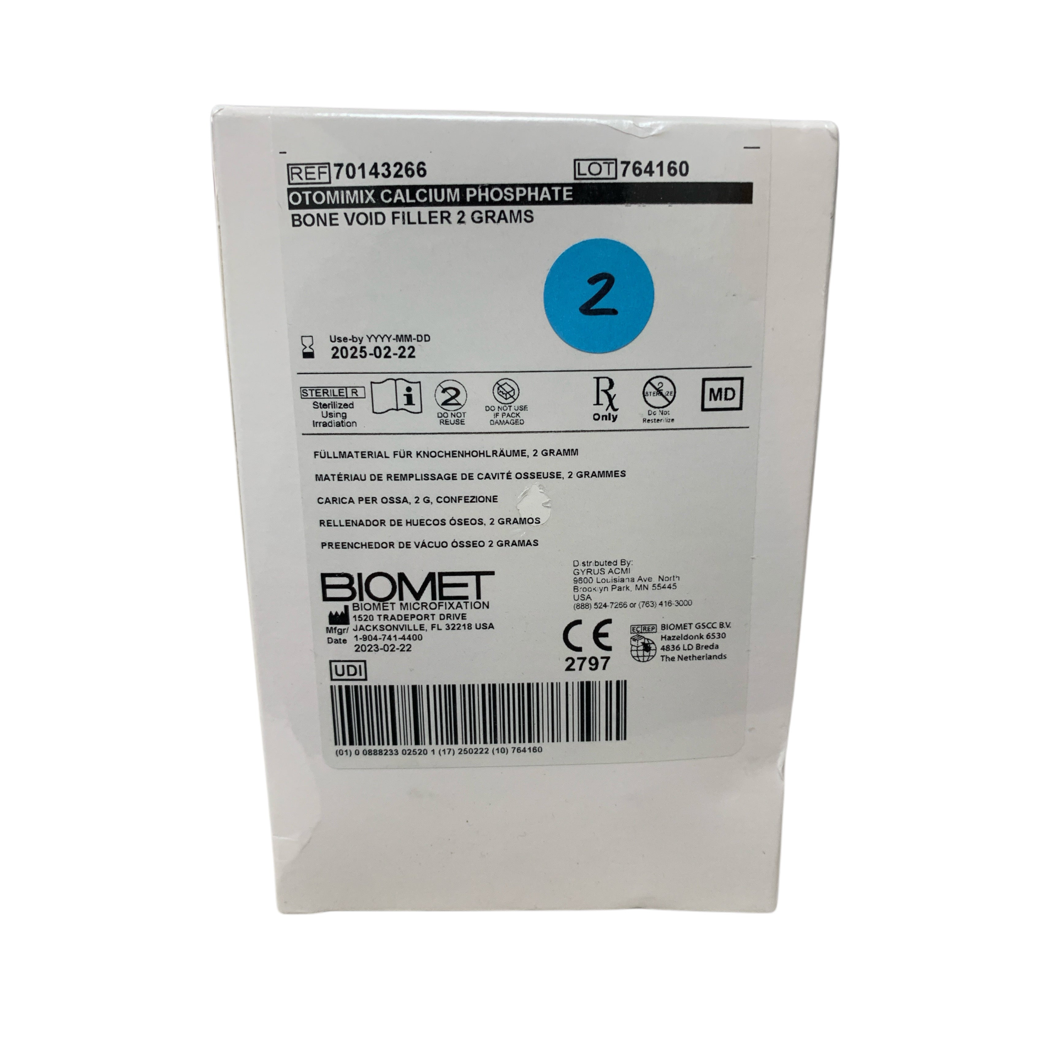BIOMET REF 70143266 OTOMIMIX CALCIUM PHOSPHATE BONE VOID FILLER 2 GRAMS Exp 2025 02