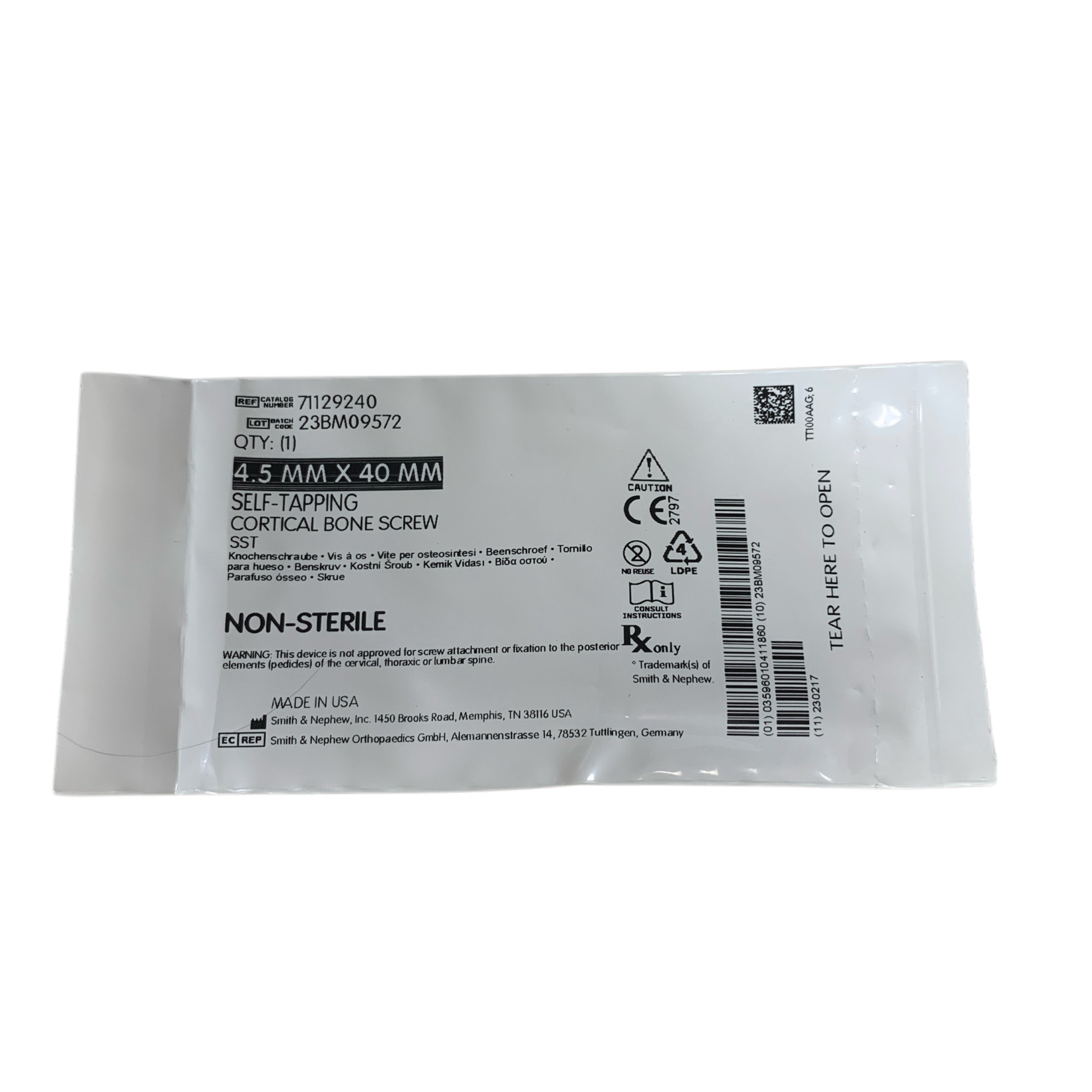 SMITH & NEPHEW 71129240 Self-Tapping Cortical Bone Screw SST 4.5 mm X 40 mm Non-Sterile