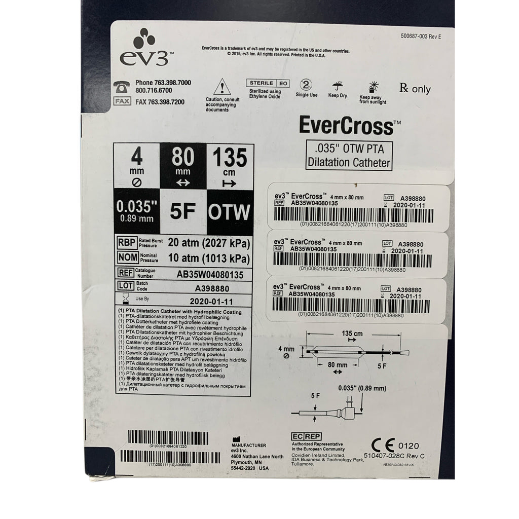 EV3 COVIDIEN AB35W04080135 EverCross .035" OTW PTA Dilatation Catheter 4 mm x 80 mm 135 cm 5F Exp 2020 01