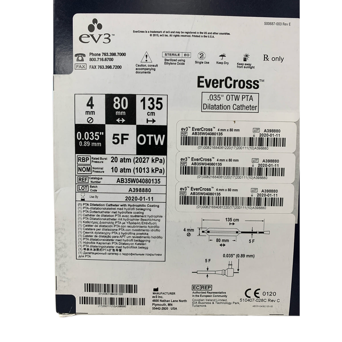 EV3 COVIDIEN AB35W04080135 EverCross .035" OTW PTA Dilatation Catheter 4 mm x 80 mm 135 cm 5F Exp 2020 01