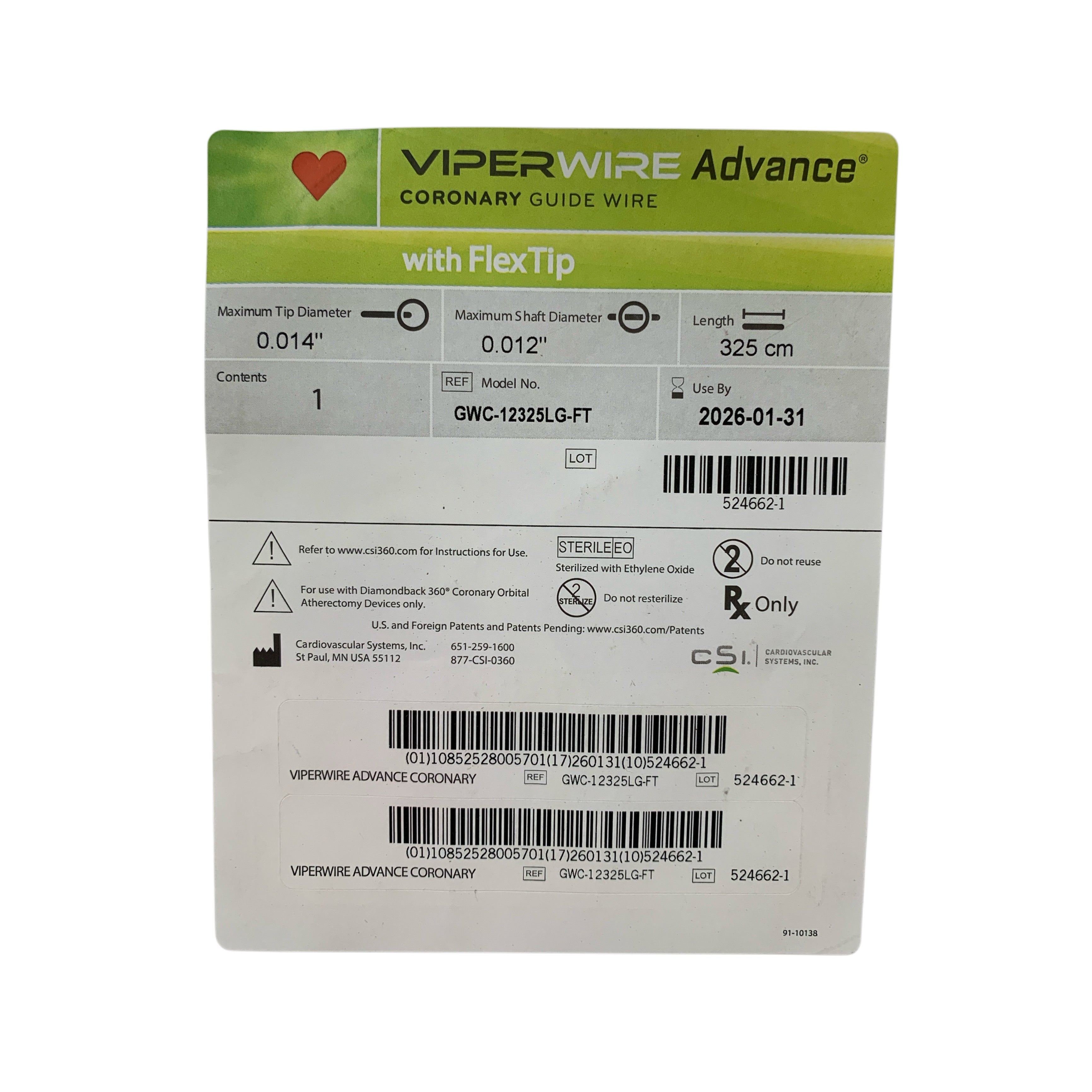 CSI REF GWC-12325LG-FT VIPERWIRE Advance Coronary Guide Wire with FlexTip 0.014" Tip 0.012" Core 325 cm Exp 2026 01