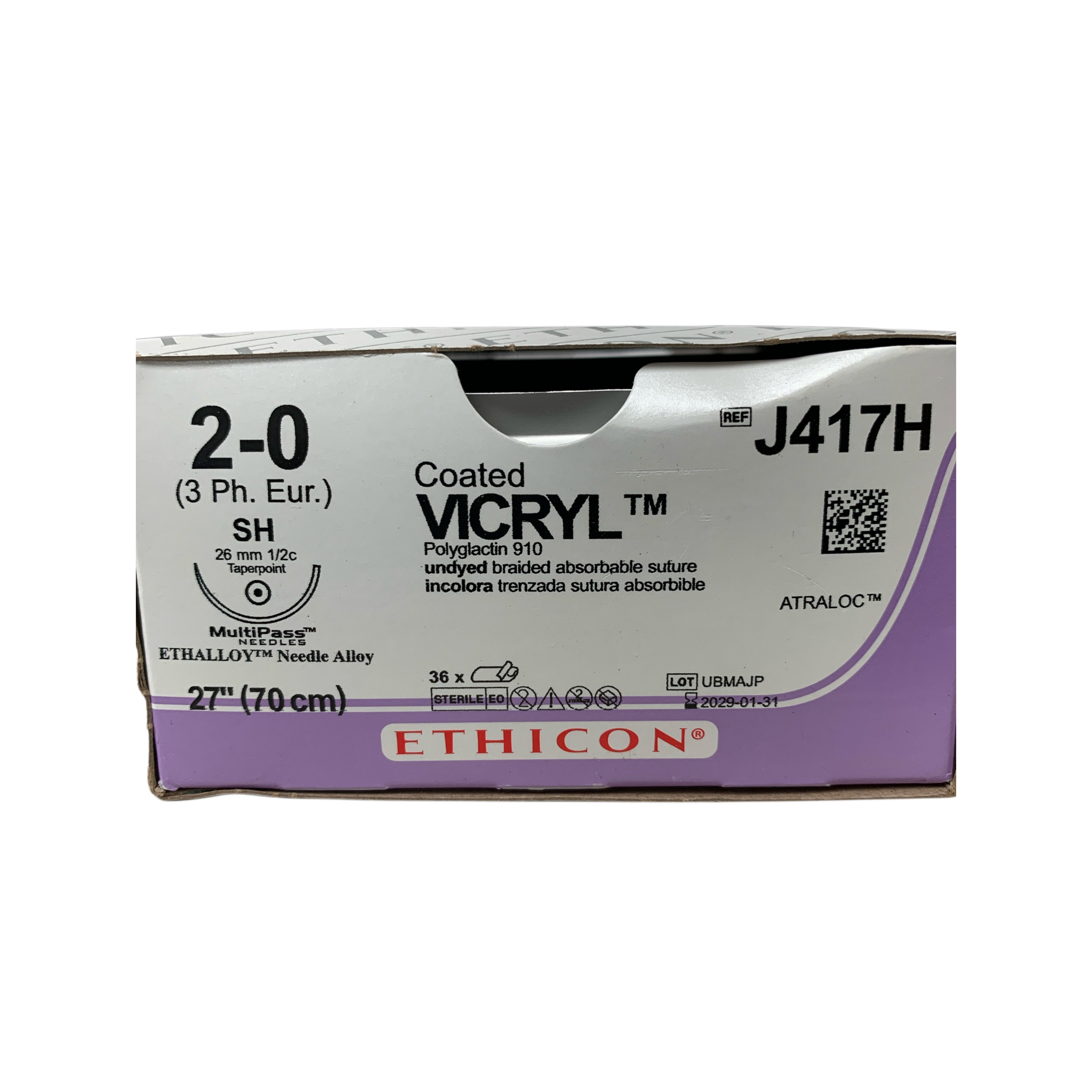 ETHICON REF J417H Coated VICRYL Suture 2-0 SH 27" (70 cm) Box of 36, Exp.2029/01