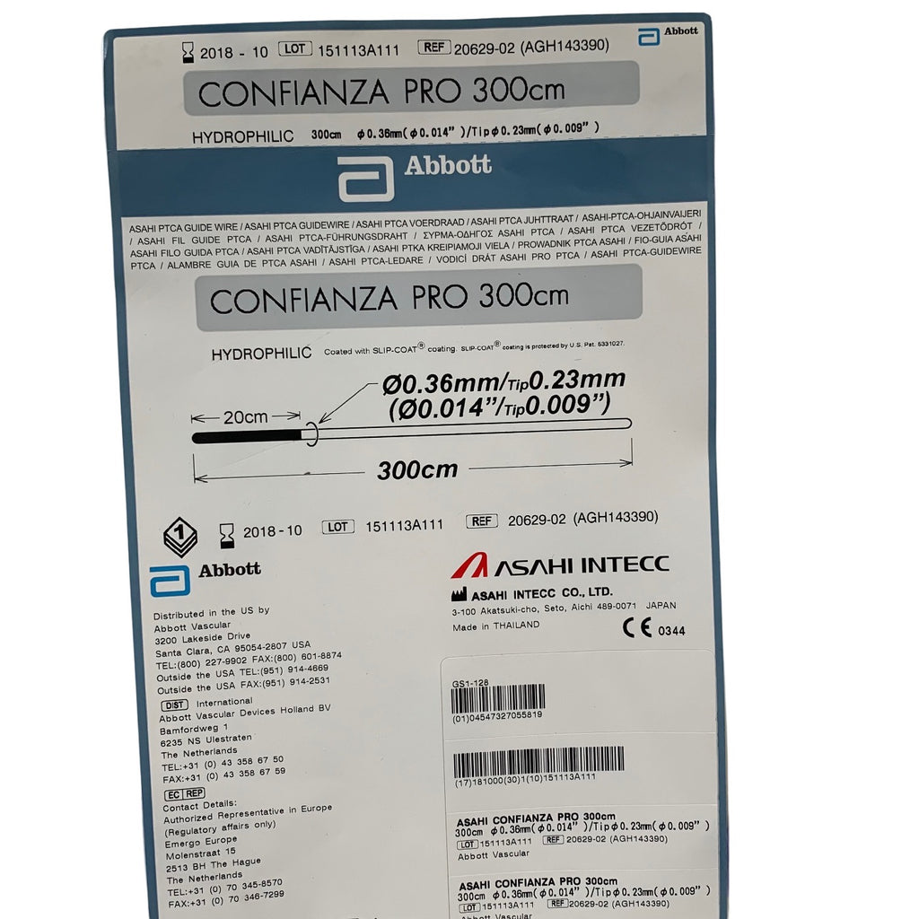 ABBOTT ASAHI INTECC 20629-02 Confianza Pro PTCA Guidewire Hydrophilic 0.36mm (0.014in) Tip 0.23mm (0.009in) 300cm Exp 2018 10