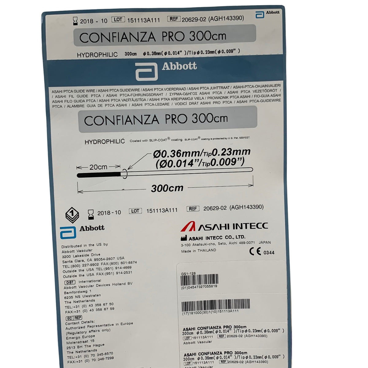 ABBOTT ASAHI INTECC 20629-02 Confianza Pro PTCA Guidewire Hydrophilic 0.36mm (0.014in) Tip 0.23mm (0.009in) 300cm Exp 2018 10