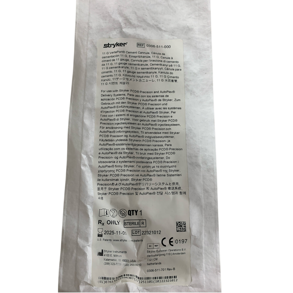 STRYKER 0306-511-000 11G VertePort Cement Cannula For use with Stryker PCD Precision and AutoFlex Exp 2025 11