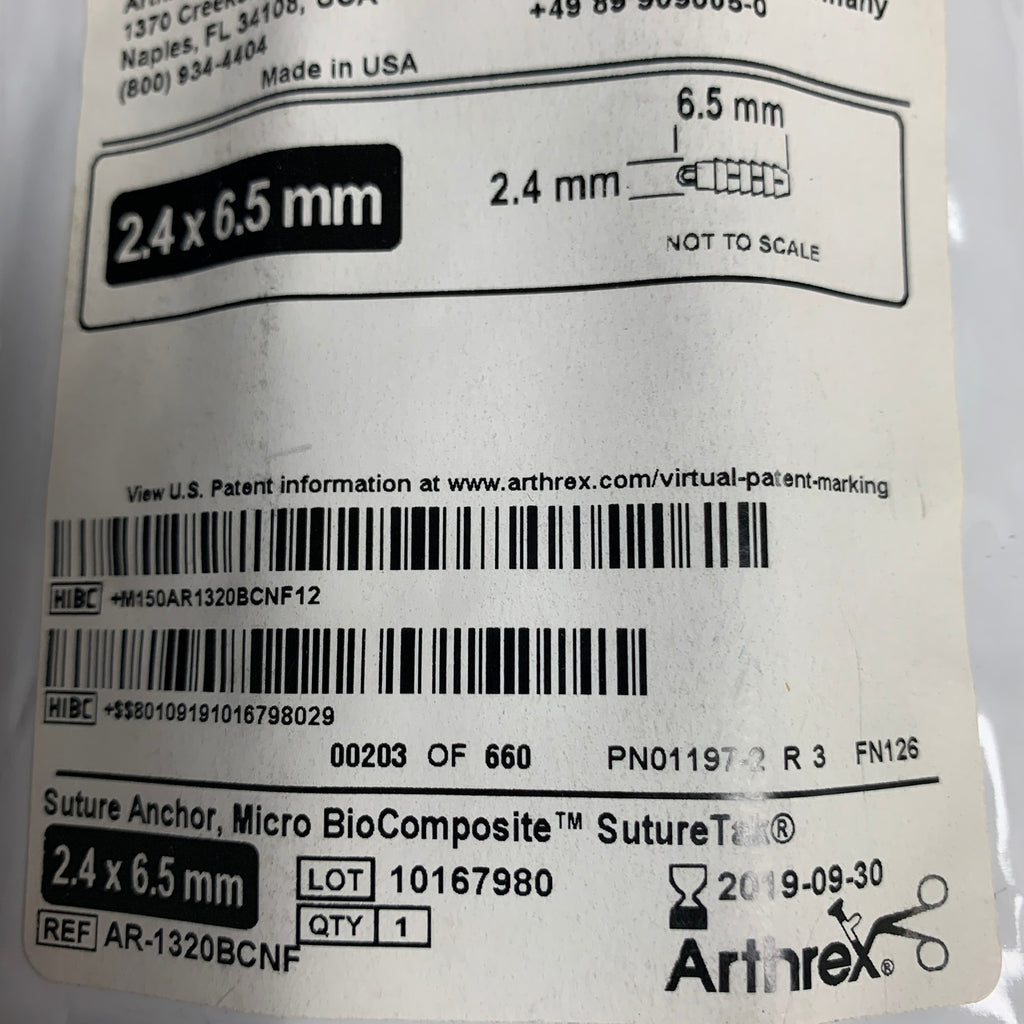 ARTHREX AR-1320BCNF Micro BioComposite SutureTak 2.4 x 6.5mm Anchor with 2-0 FiberWire, EXP 2019-09