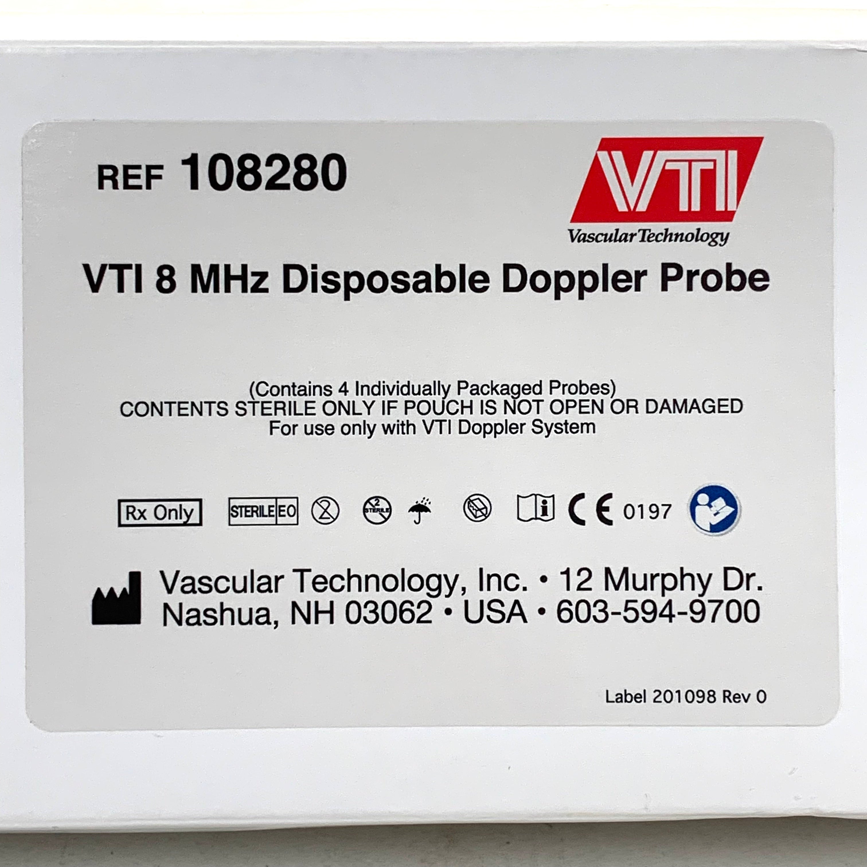 VASCULAR TECHNOLOGY REF 108280 VTI 8 MHz Disposable Doppler Probe Box of 4, Exp.2028/05