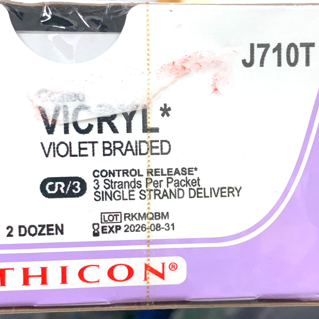ETHICON REF J710T Coated VICRYL Violet Braided 2-0 Absorbable Suture, OS-6 Reverse Cutting Needle 36mm 1/2c 18" (45cm) BOX OF 24, EXP.2026/08