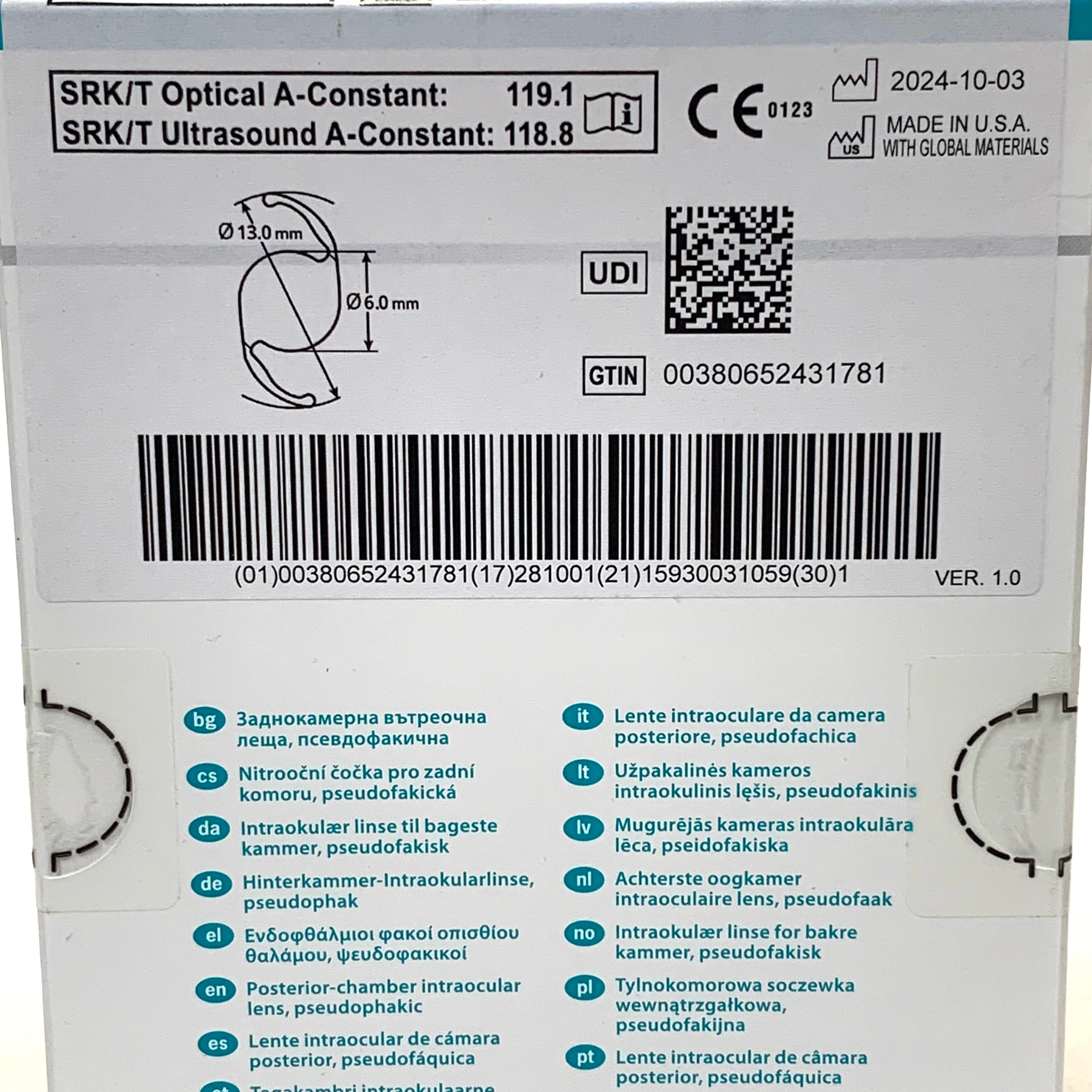 ALCON REF CCW0T3 Clareon Toric UV IOL Aspheric Intraocular Lens +17.5 D CYL 1.50, EXP.2028/10