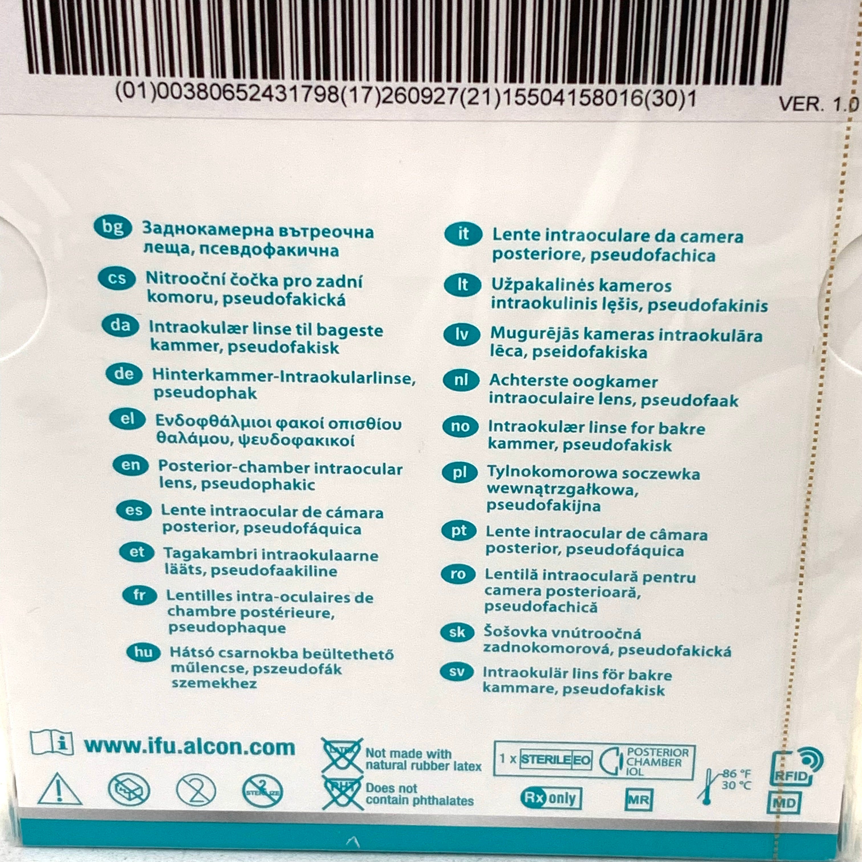 ALCON REF CCW0T3 Clareon Toric UV IOL Aspheric UV Absorbing Intraocular Lens +18.0 D CYL 1.50, Exp.2026/09