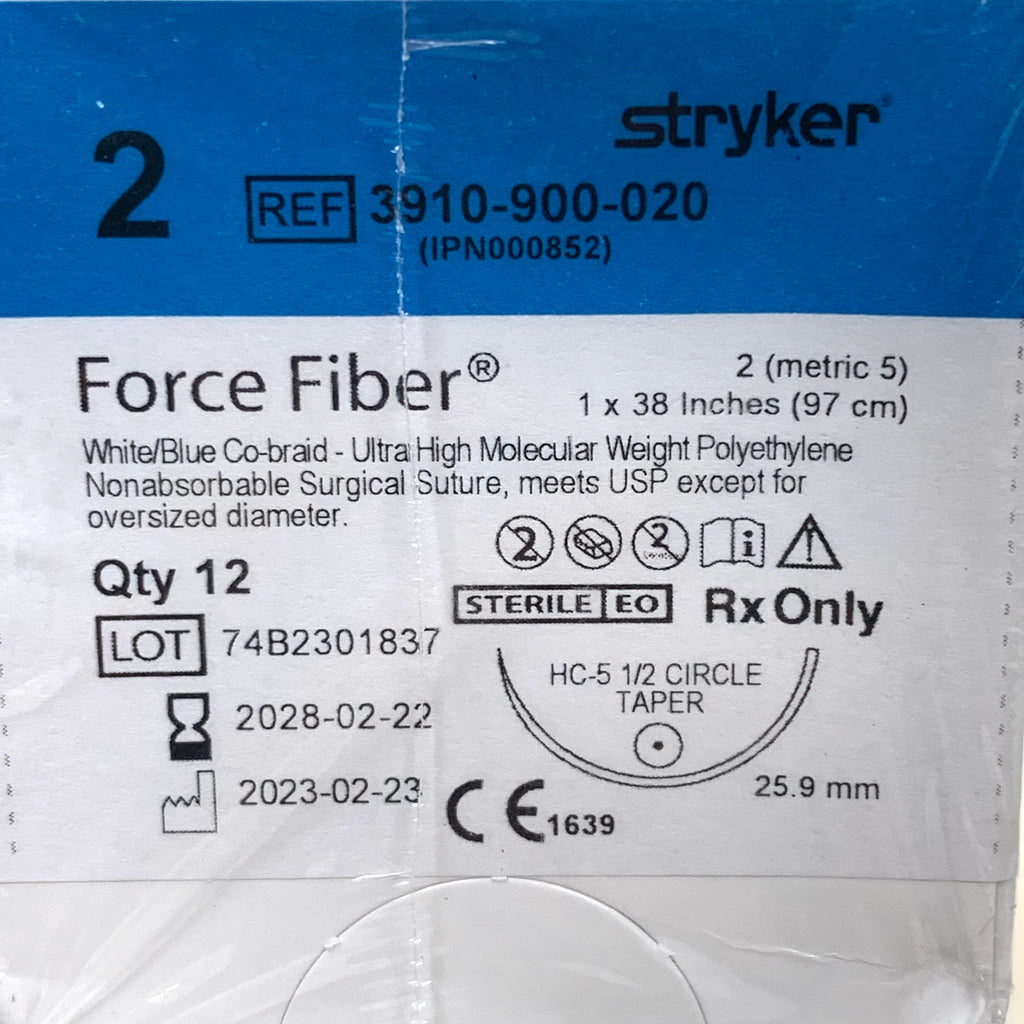 STRYKER REF 3910-900-020 Force Fiber Nonabsorbable Surgical Suture Size 2 HC-5 1/2 Circle Taper Qty 12, EXP 2028/02