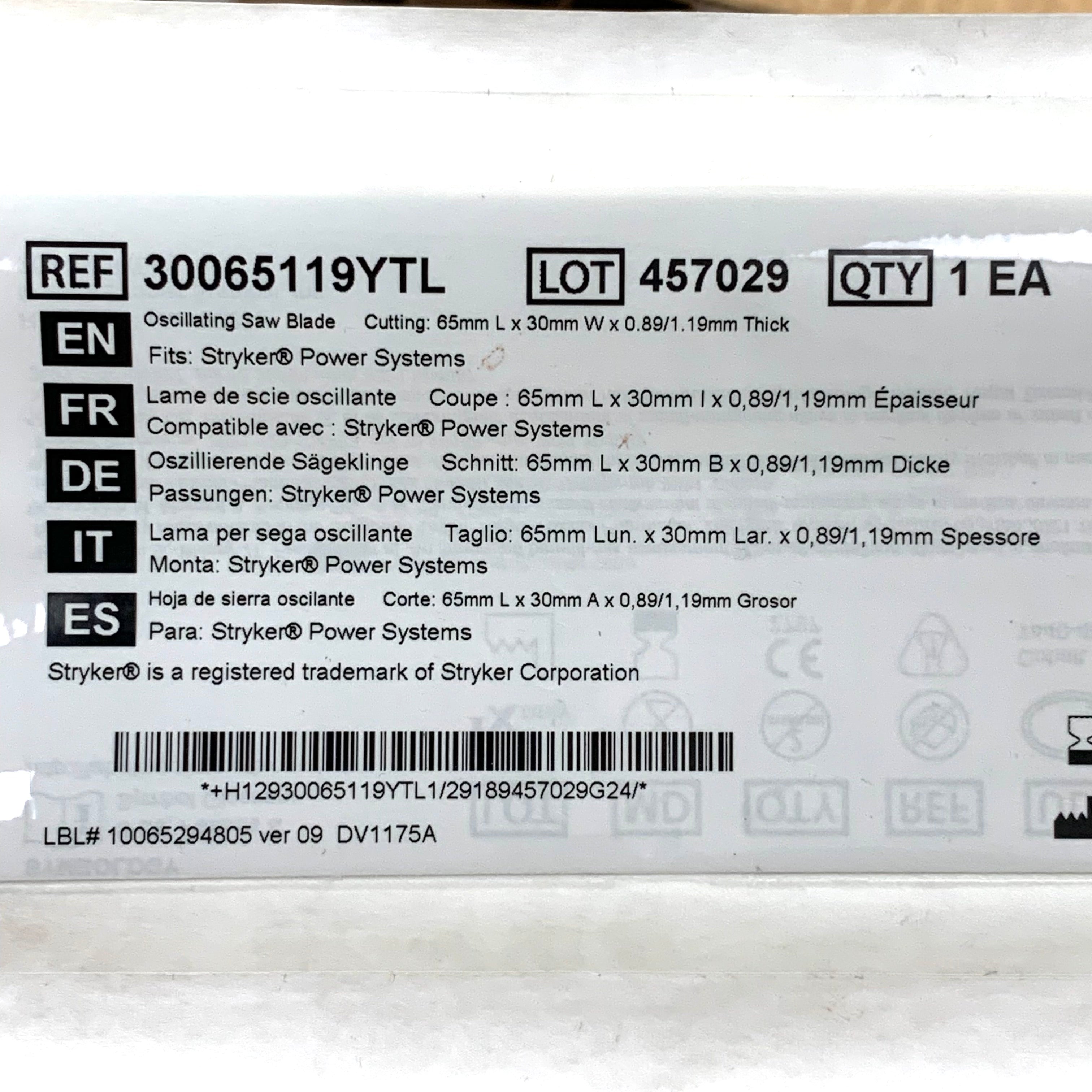ZIMMER REF 300065119YTL Stablecut Oscillating Saw Blade 65mm L x 30mm W x 0.89/1.19mm Thick (Fits Stryker Power Systems), Exp.2029/07