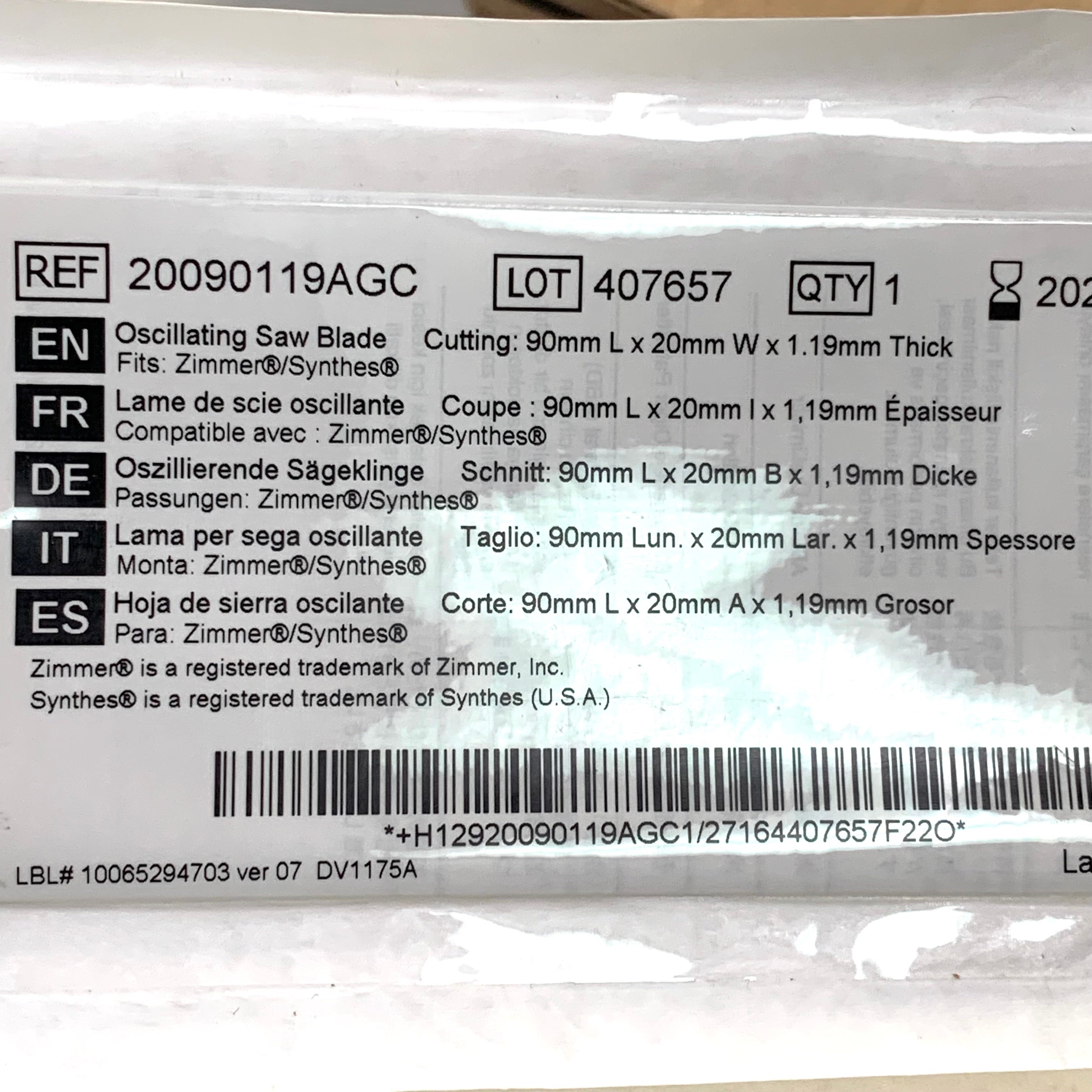 ZIMMER /SYNTHES REF 20090119AGC Stablecut Oscillating Saw Blade 90mm x 20mm x 1.19mm, EXP.2027/06