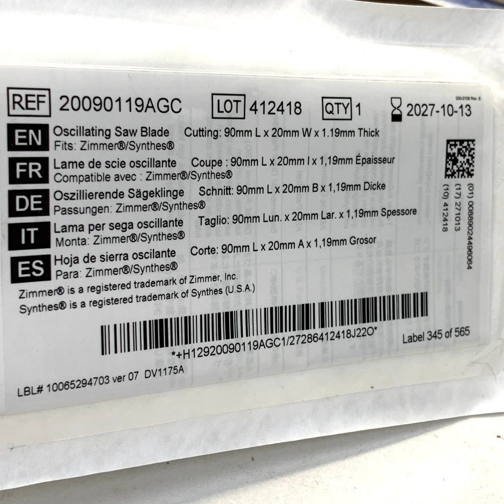 ZIMMER /SYNTHES REF 20090119AGC StableCut Oscillating Saw Blade 90mm x 20mm x 1.19mm, EXP.2027/10