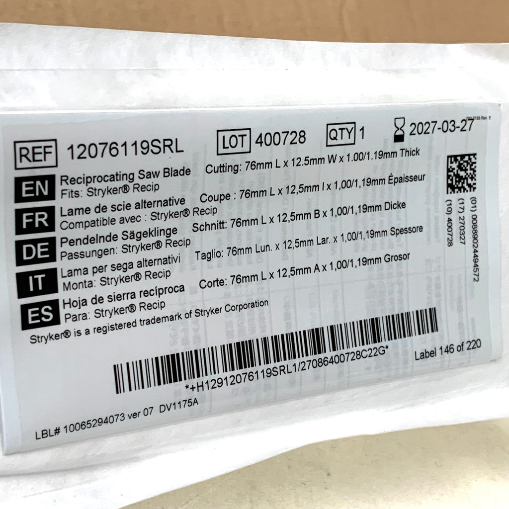 ZIMMER REF 12076119SRL Stablecut Reciprocating Saw Blade 76mm x 12.5mm x 1.00/1.19mm (Fits Stryker Recip), Exp.2027/03