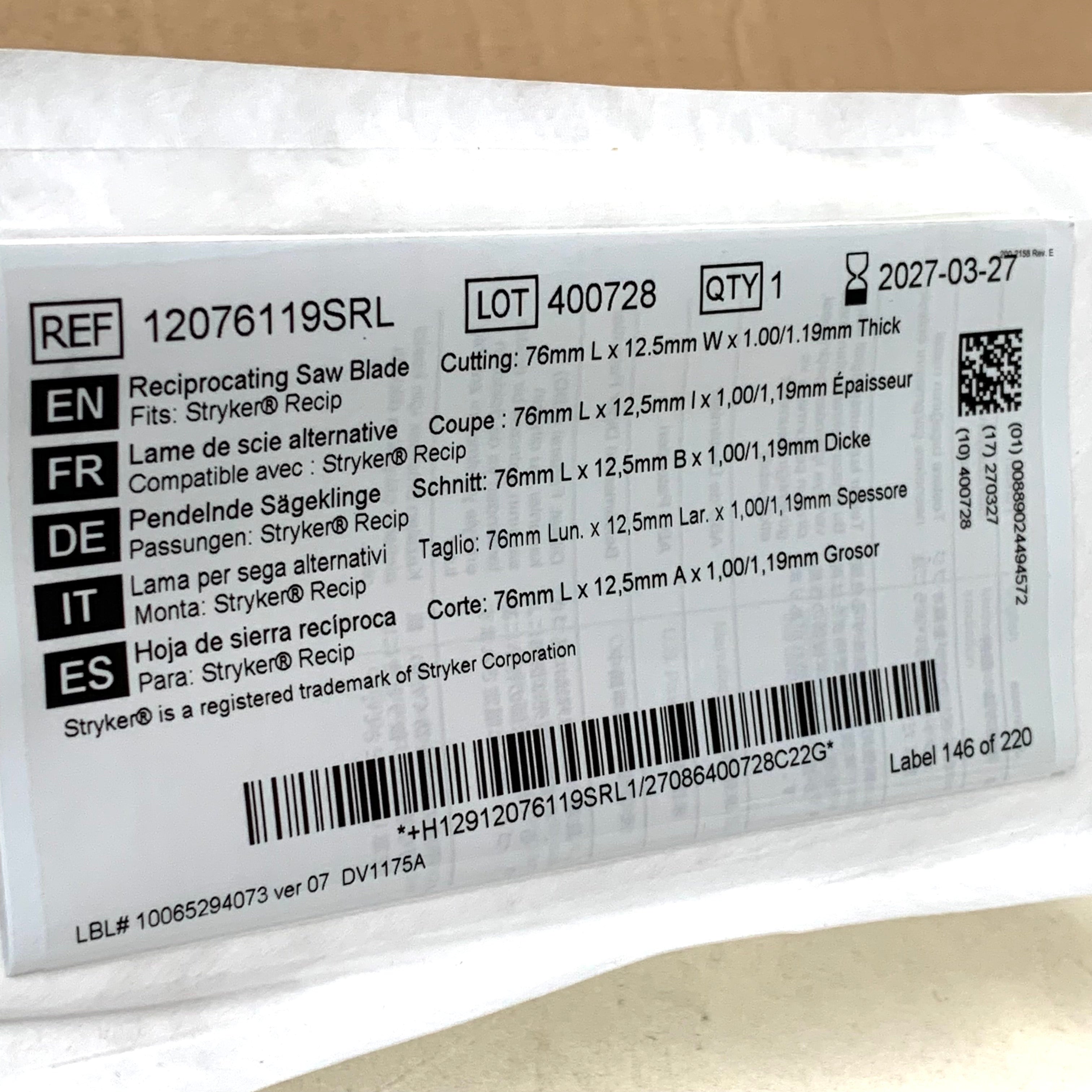 ZIMMER REF 12076119SRL Stablecut Reciprocating Saw Blade 76mm x 12.5mm x 1.00/1.19mm (Fits Stryker Recip), Exp.2027/03