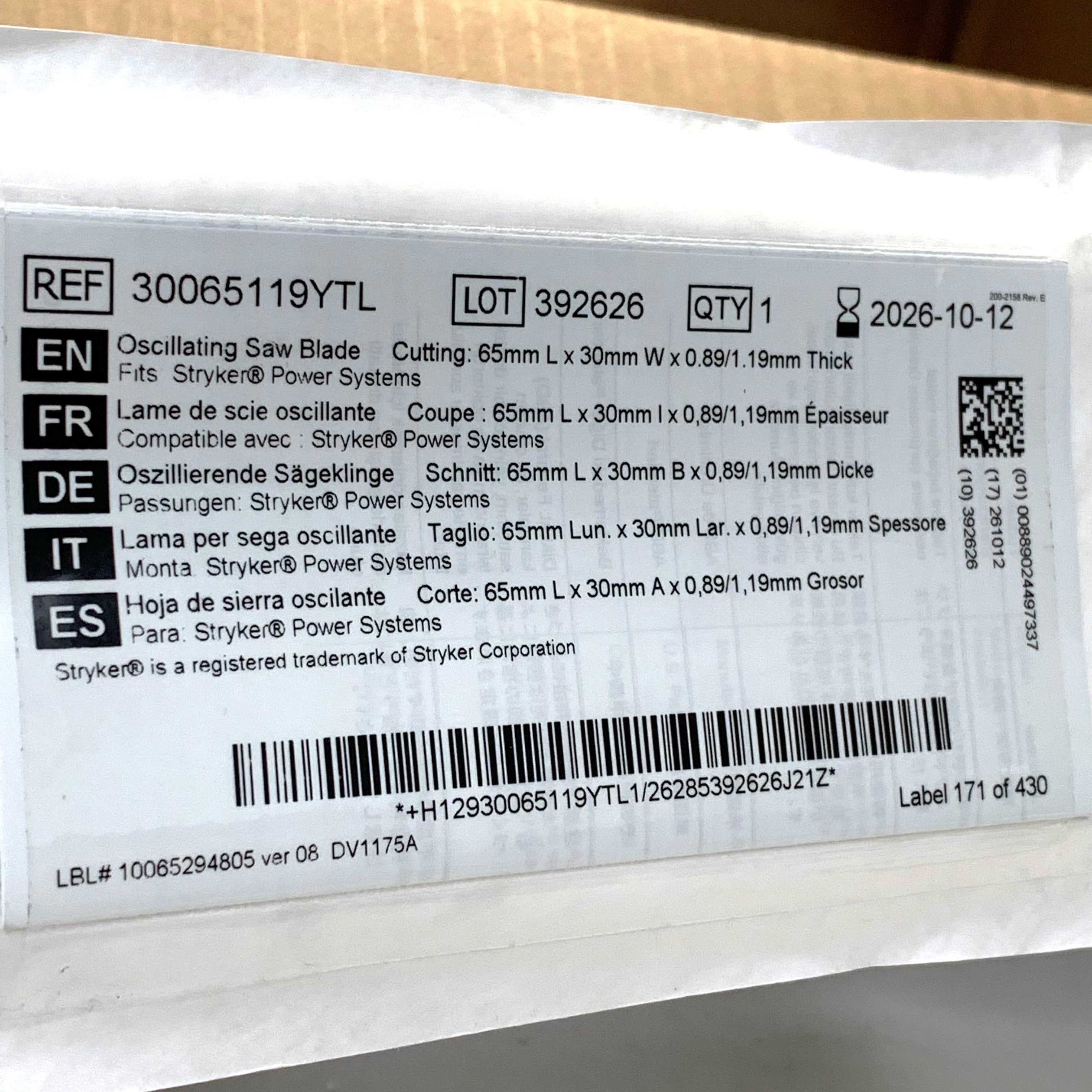 ZIMMER REF 30065119YTL StableCut Oscillating Saw Blade 65mm x 30mm x 0.89/1.19mm(Fits Stryker Power Systems), Exp.2026/10