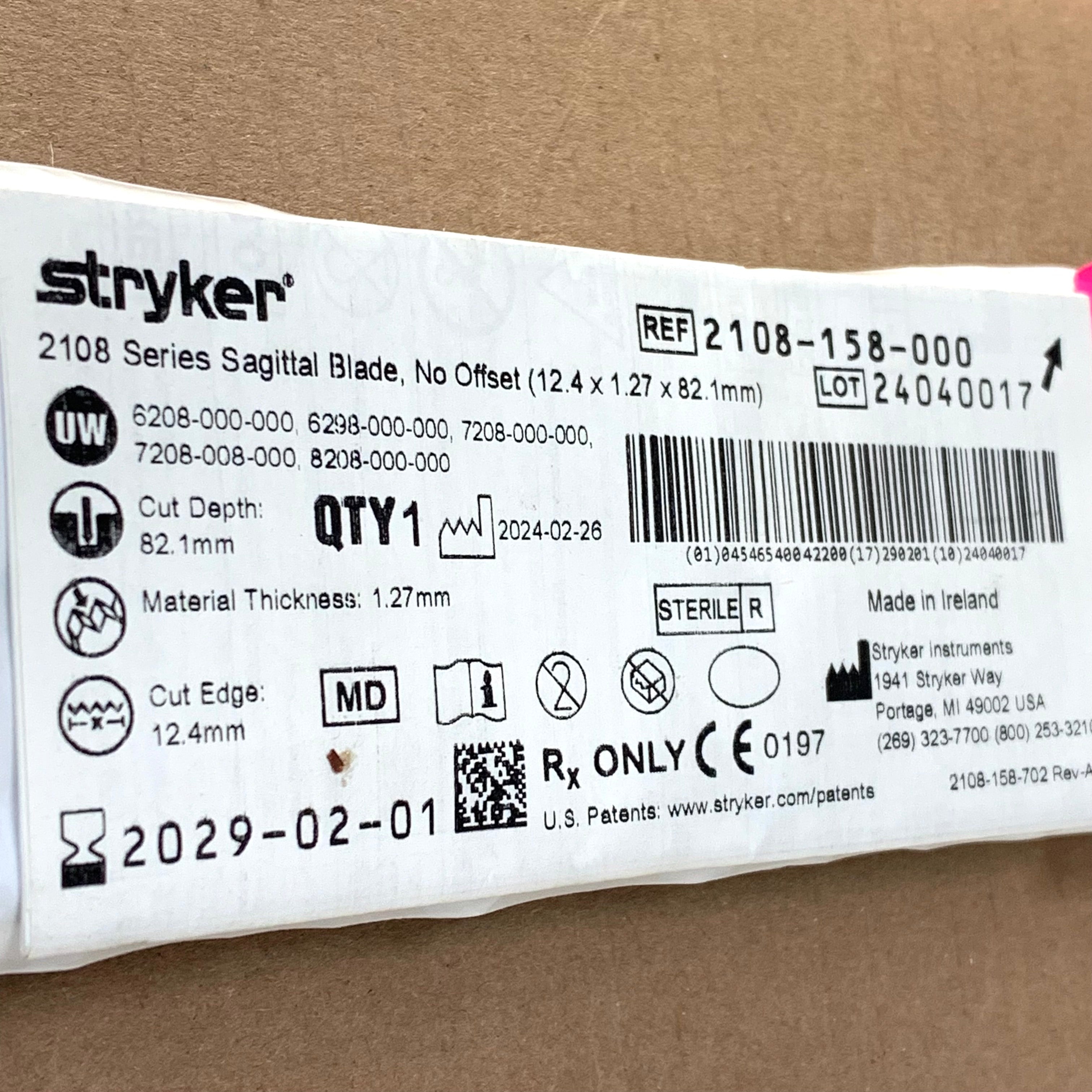 STRYKER REF 2108-158-000 2108 Series Sagittal Blade No Offset 12.4mm x 1.27mm x 82.1mm, Exp.2029/02