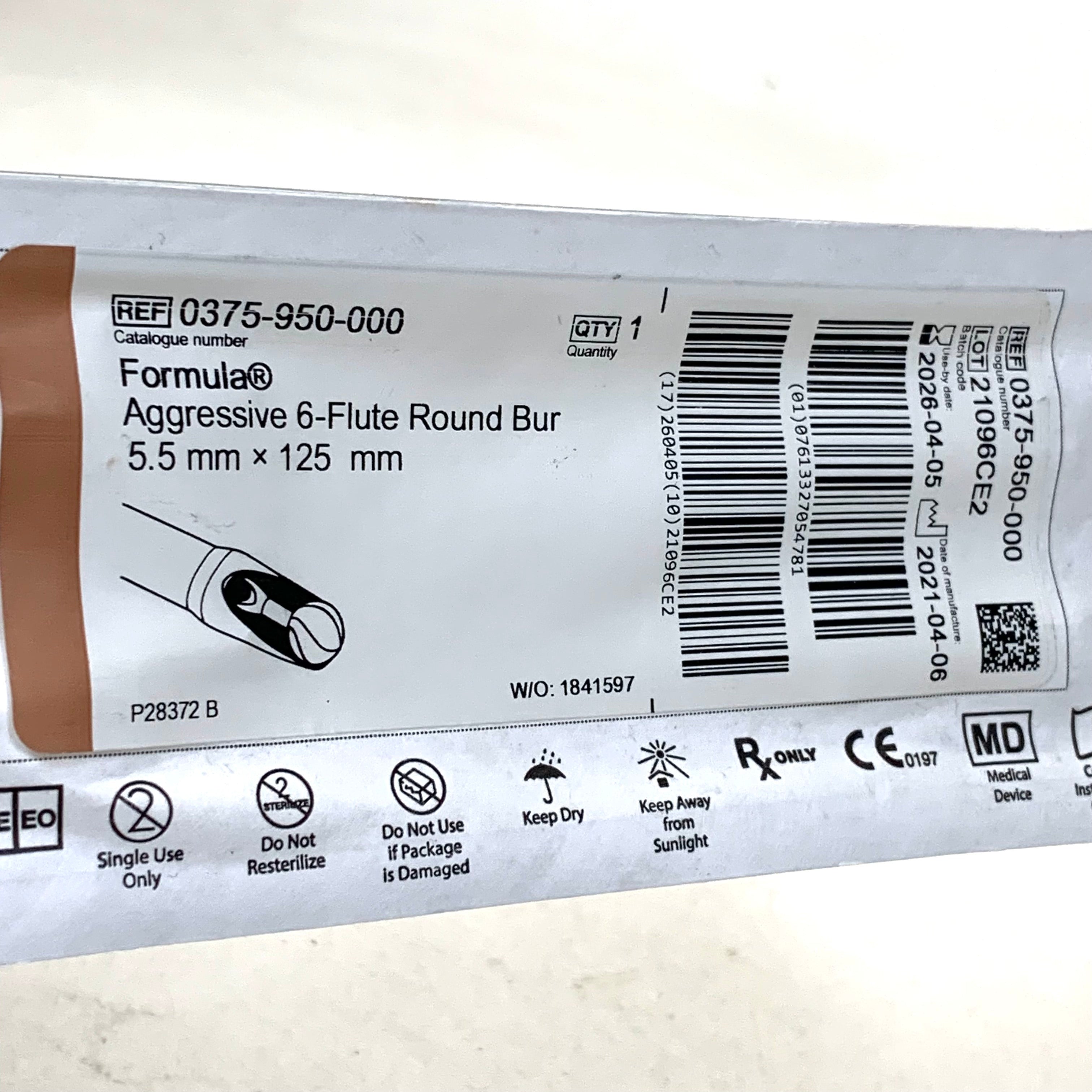 STRYKER REF 0375-950-000 Formula Aggressive 6-Flute Round Bur 5.5mm x 125mm, EXP.2026/04