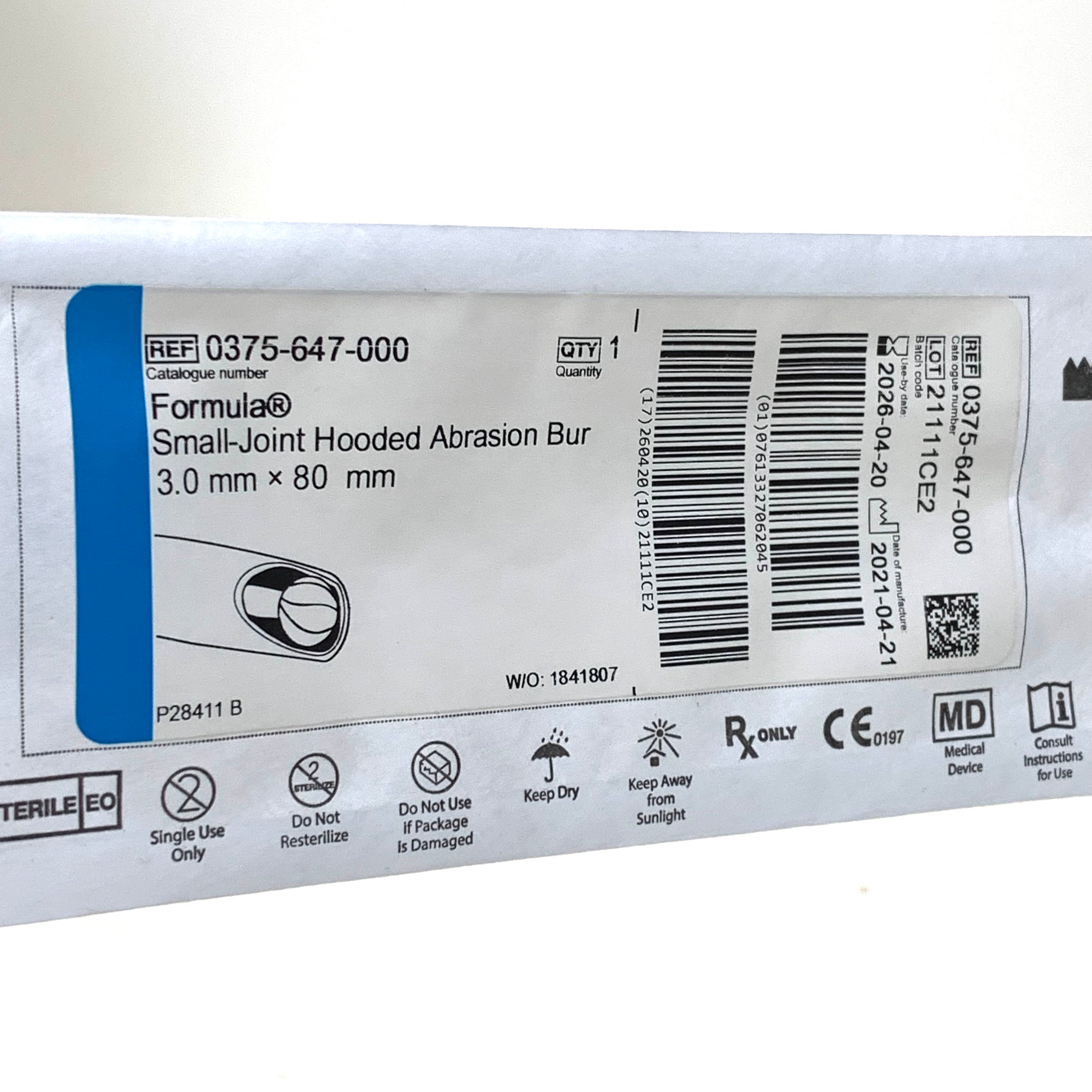 STRYKER REF 0375-647-000 Arthroscopic Shaver Blade Formula Small-Joint Hooded Abrasion Bur 3.0 mm × 80 mm, Exp.2026/04