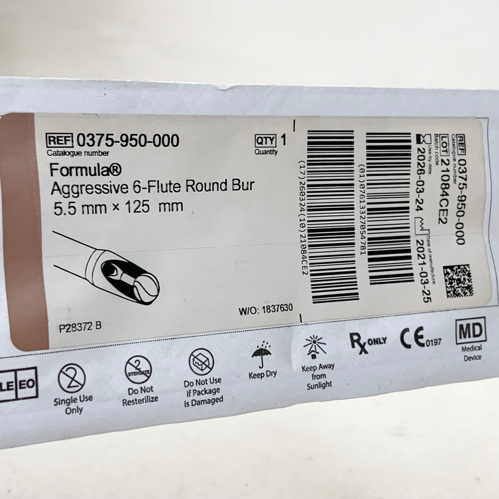 STRYKER REF 0375-950-000 Formula Aggressive 6-Flute Round Bur 5.5mm x 125mm, EXP.2026/03