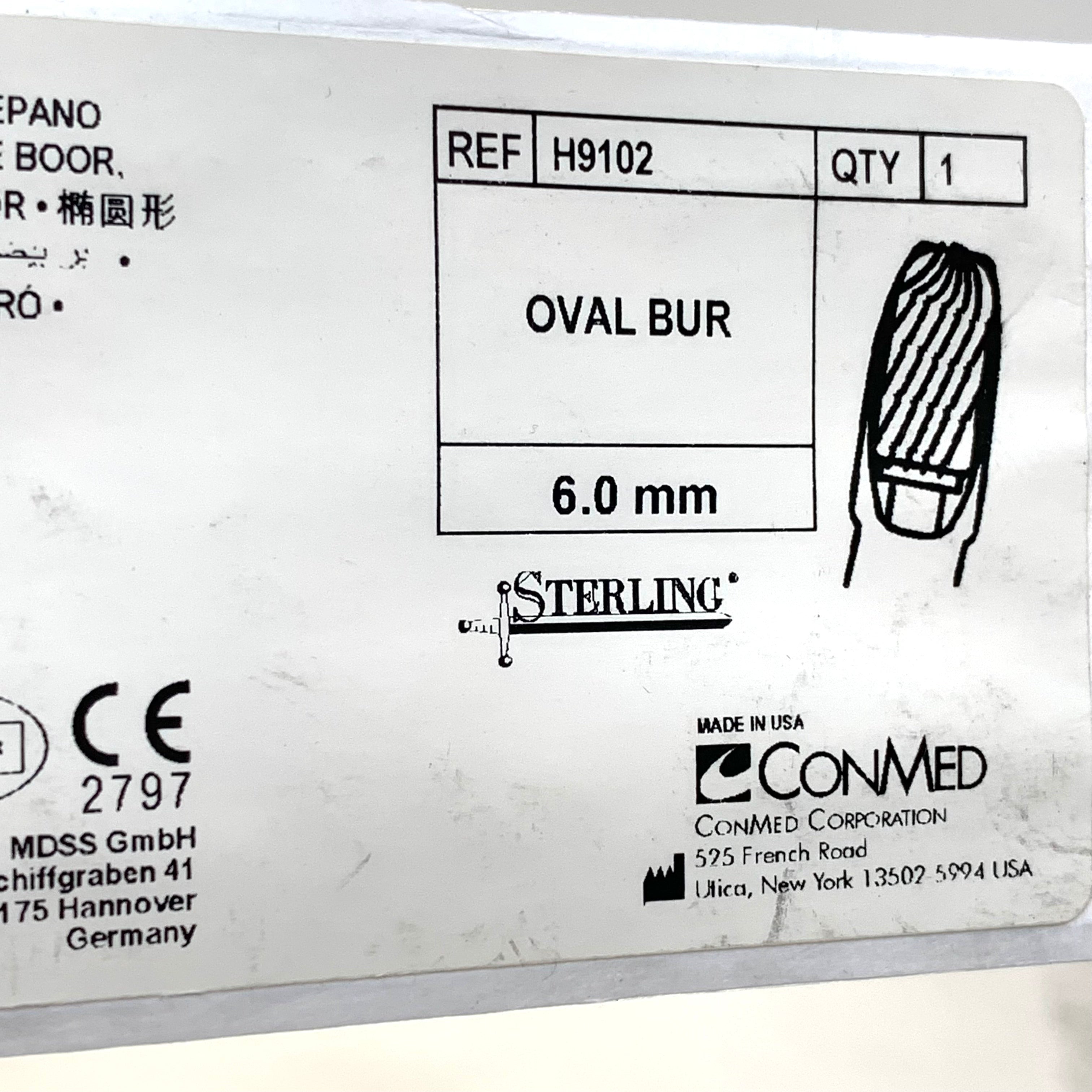CONMED REF H9102 Sterling 6.0 mm Oval Bur, EXP.2028/09