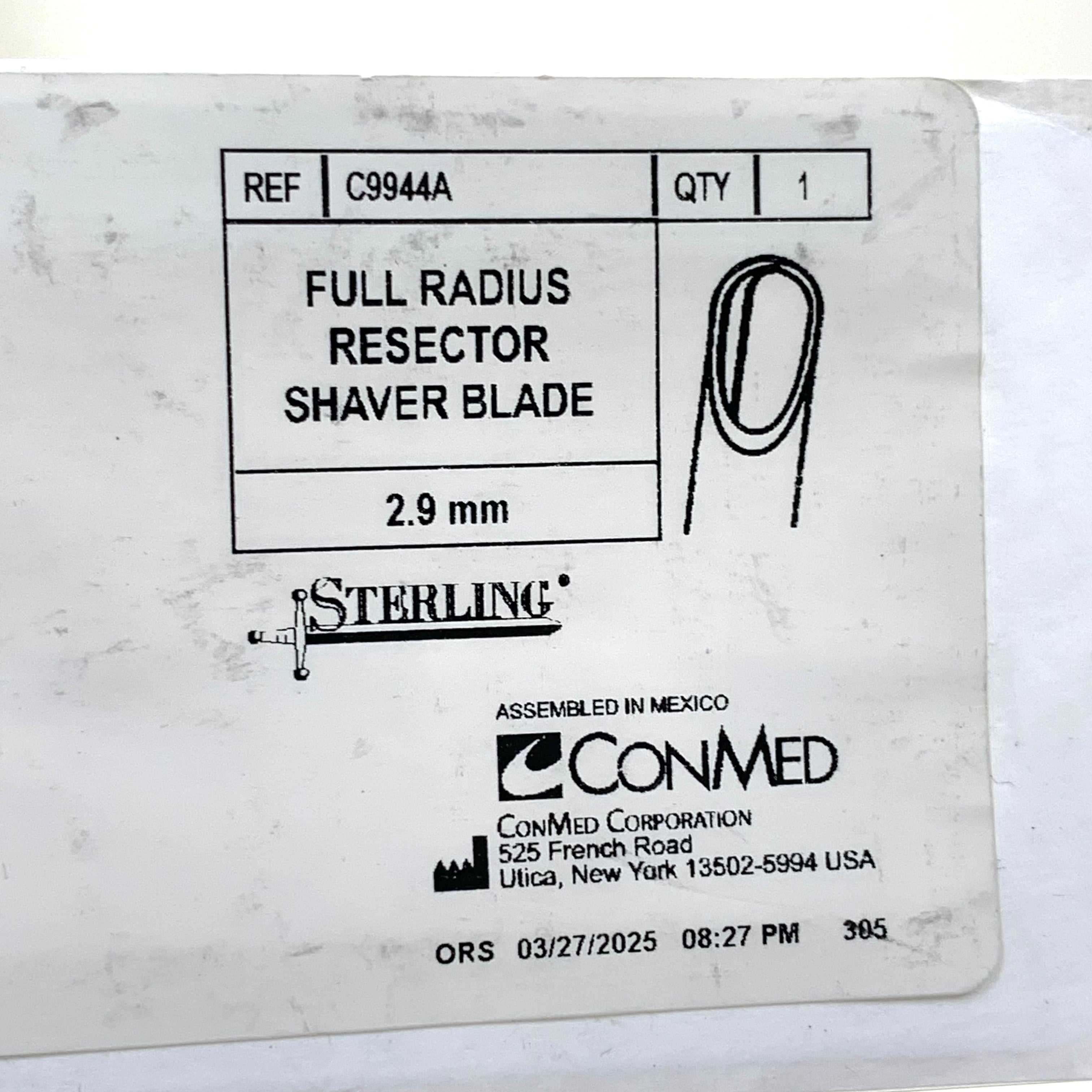 CONMED REF C9944A Full Radius Resector Sterling 2.9mm Arthroscopic Shaver Blade, Exp.2030/03