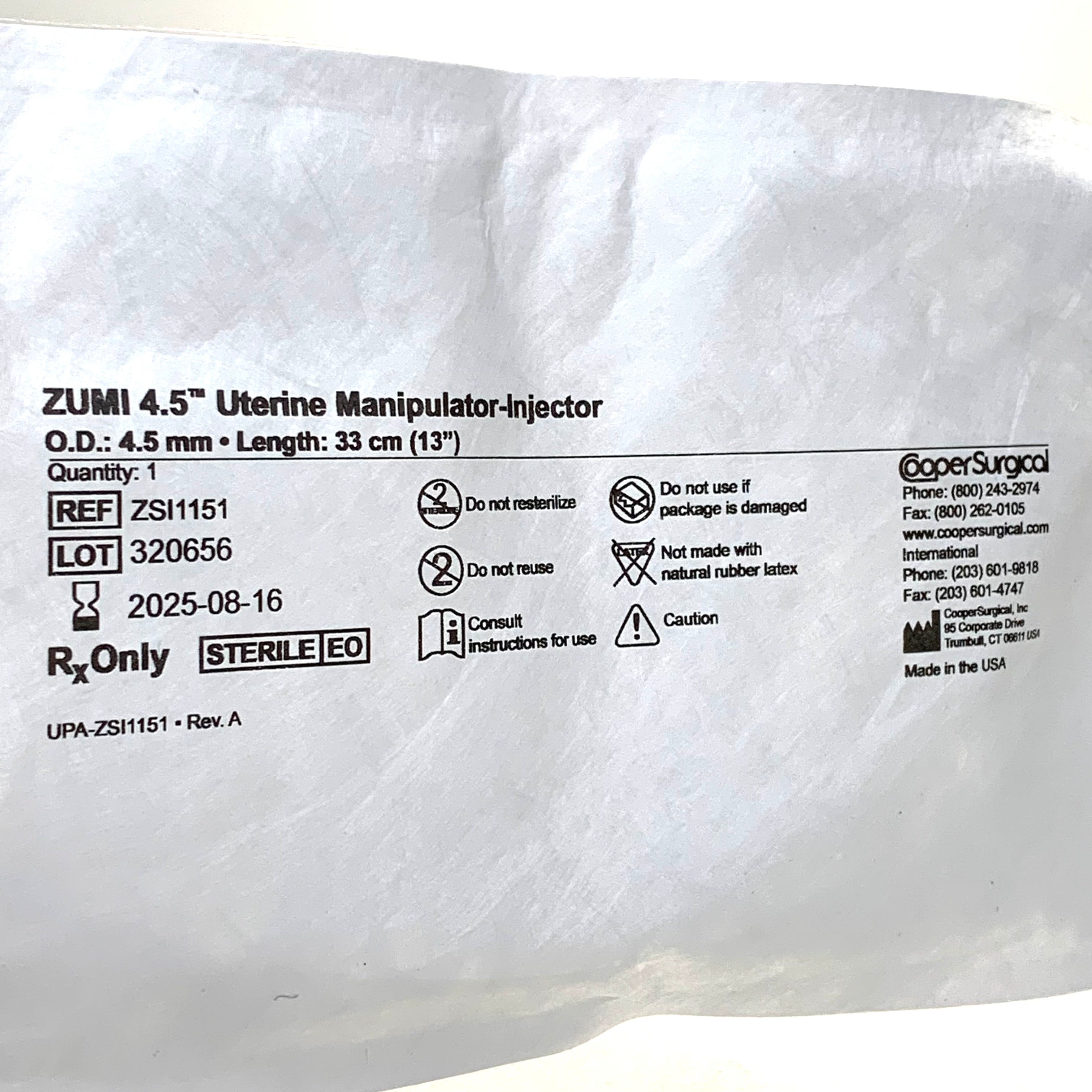 COOPER SURGICAL REF ZSI1151 ZUMI 4.5 Uterine Manipulator-Injector 33cm, EXP.2025/08