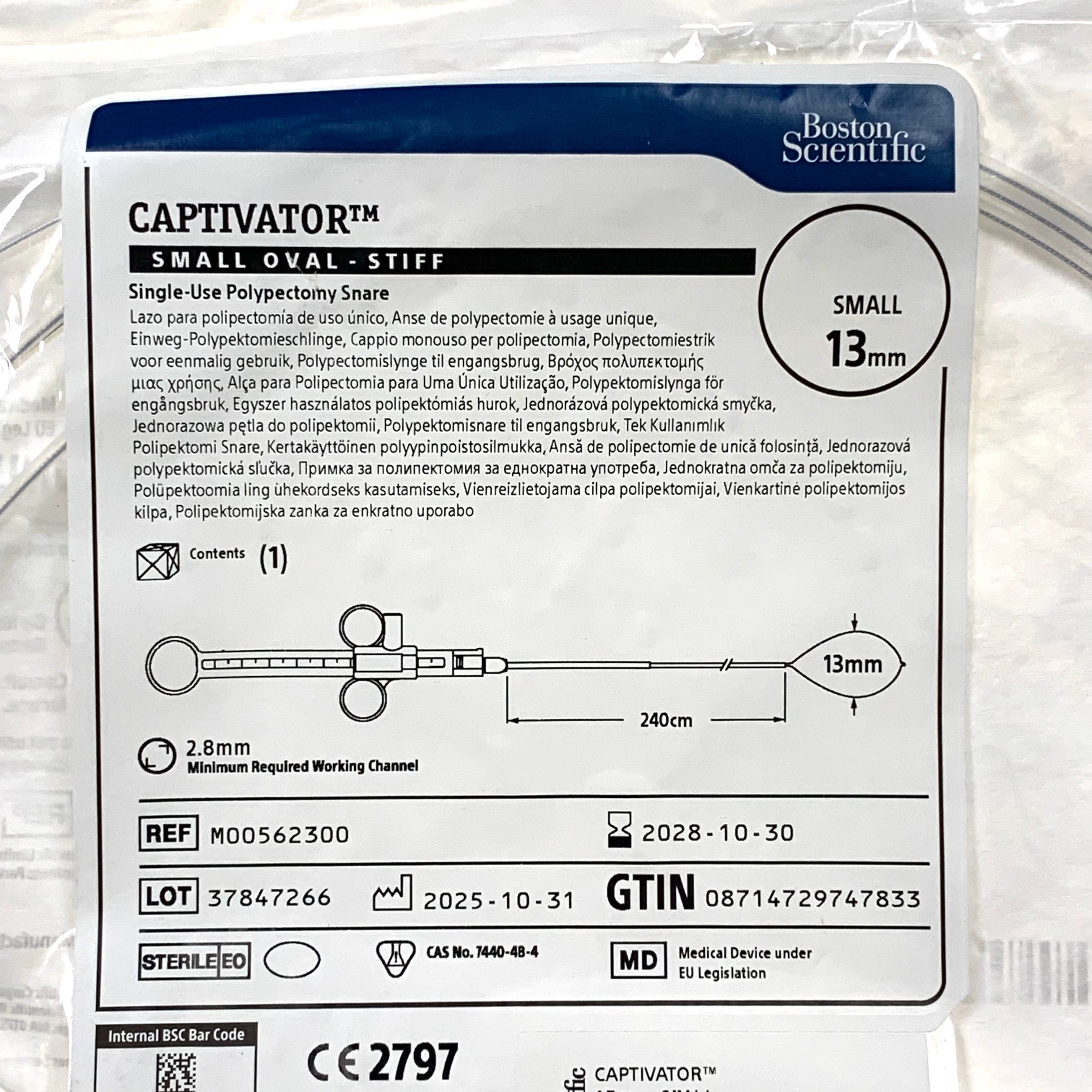 BOSTON SCIENTIFIC REF M00562300 Captivator Small Oval Stiff Polypectomy Snare 13mm 240cm, Exp.2028/10