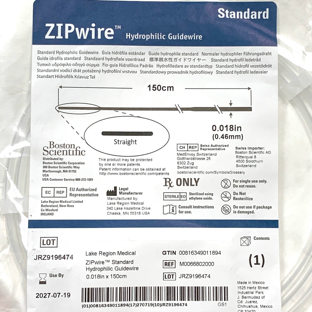 BOSTON SCIENTIFIC REF M0066802000 ZIPwire Standard Hydrophilic Guidewire 0.018in x 150cm Straight, EXP.2027/07