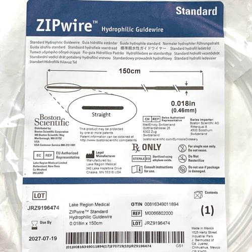 BOSTON SCIENTIFIC REF M0066802000 ZIPwire Standard Hydrophilic Guidewire 0.018in x 150cm Straight, EXP.2027/07