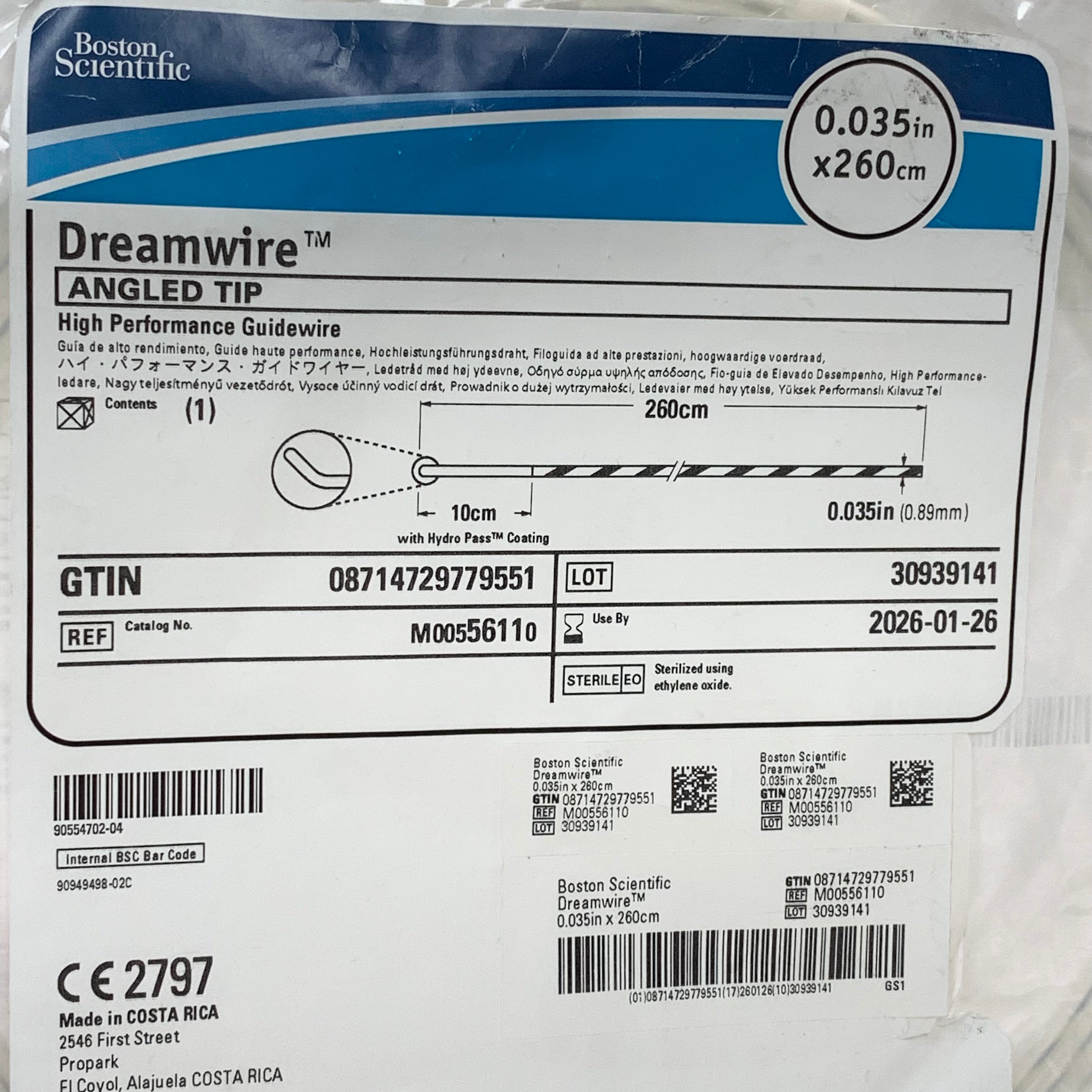BOSTON SCIENTIFIC REF M00556110 Dreamwire High Performance Guidewire 0.035in x 260cm Angled Tip, EXP.2026/01