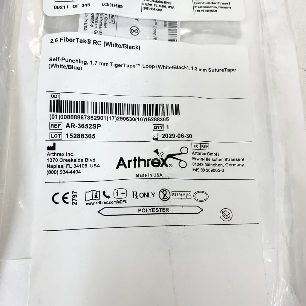 ARTHREX REF AR-3652SP 2.6 FiberTak RC Self-Punching Soft Anchor, 1.7mm TigerTape Loop & 1.3mm SutureTape, Exp.2029/06
