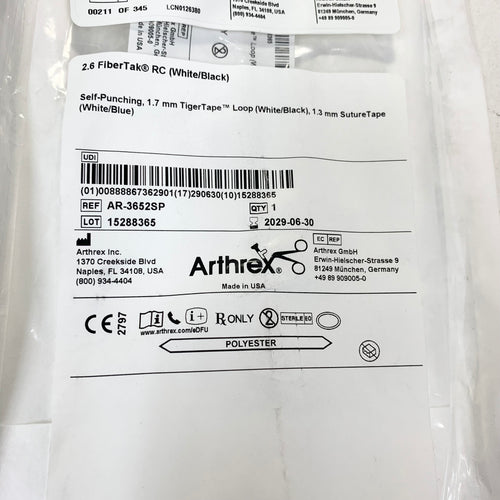ARTHREX REF AR-3652SP 2.6 FiberTak RC Self-Punching Soft Anchor, 1.7mm TigerTape Loop & 1.3mm SutureTape, Exp.2029/06