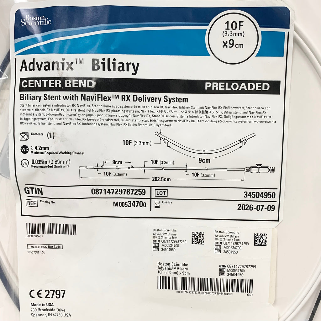 BOSTON SCIENTIFIC REF M00534700 Advanix Biliary Stent 10F x 9cm Center Bend Preloaded With NaviFlex RX Delivery System, Exp.2026/07