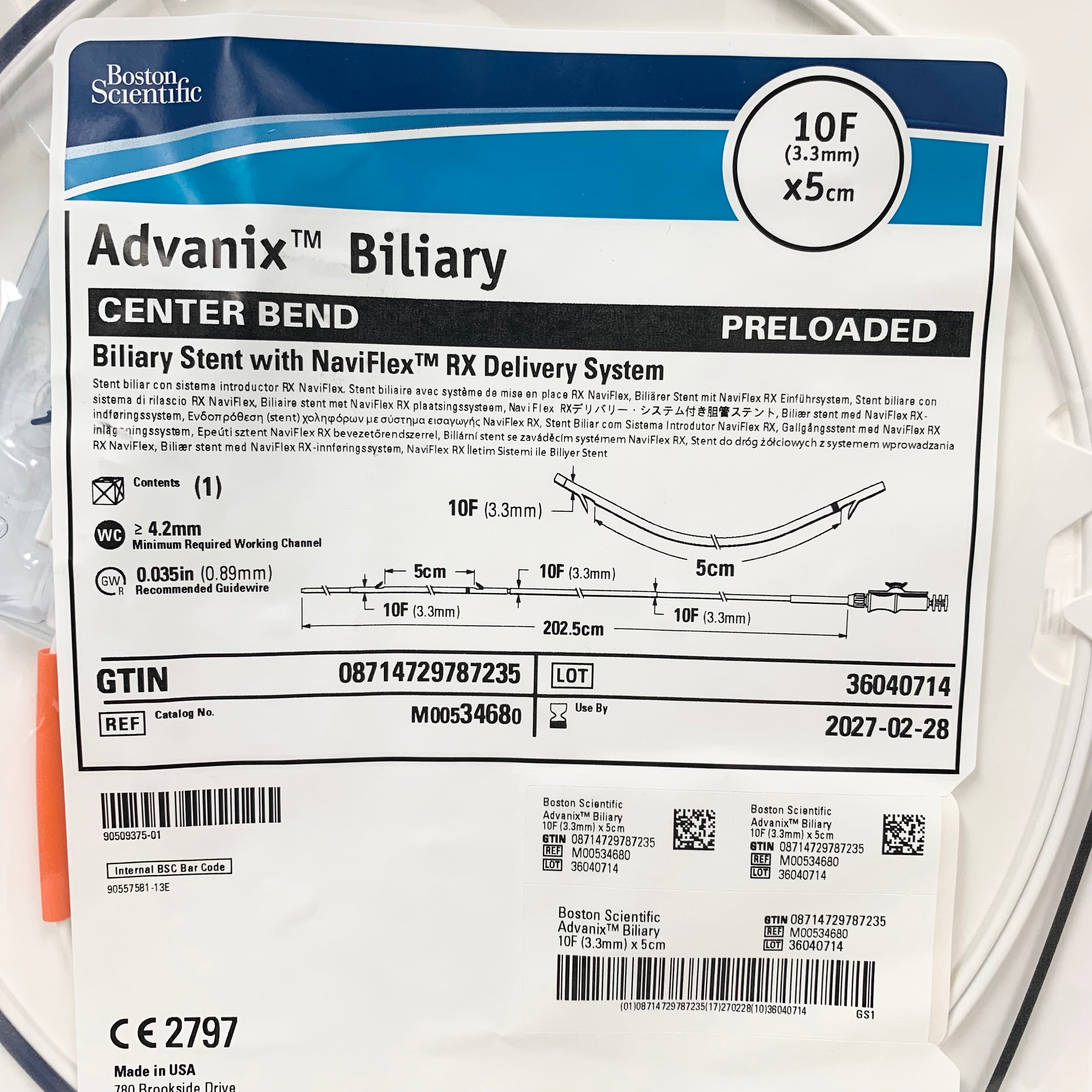 BOSTON SCIENTIFIC REF M00534680 Advanix Biliary Center Bend Stent with NaviFlex RX Delivery System 10F x 5cm, Exp.2027/02