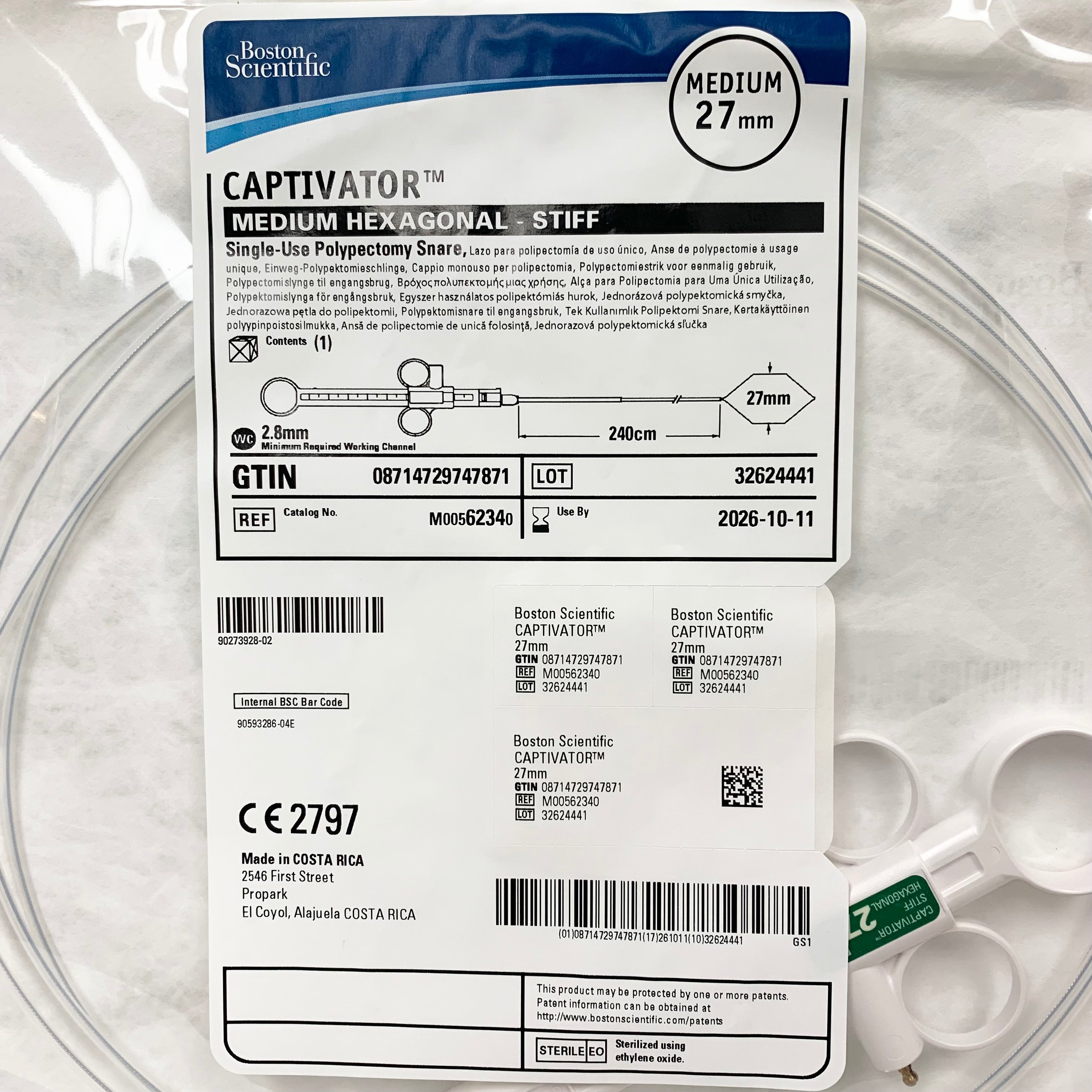 BOSTON SCIENTIFIC REF M00562340 Captivator Medium Hexagonal Stiff Single-Use Polypectomy Snare 27mm x 240cm, Exp.2026/10