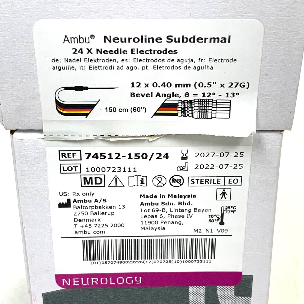 AMBU REF 74512-150/24 Neuroline Subdermal Needle Electrodes 27G 150cm Box of 24, Exp.2027/07