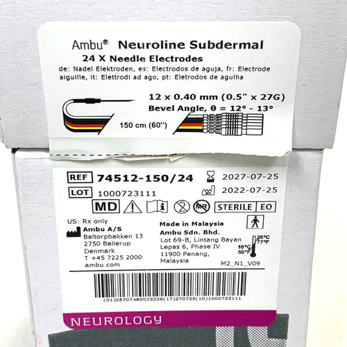 AMBU REF 74512-150/24 Neuroline Subdermal Needle Electrodes 27G 150cm Box of 24, Exp.2027/07