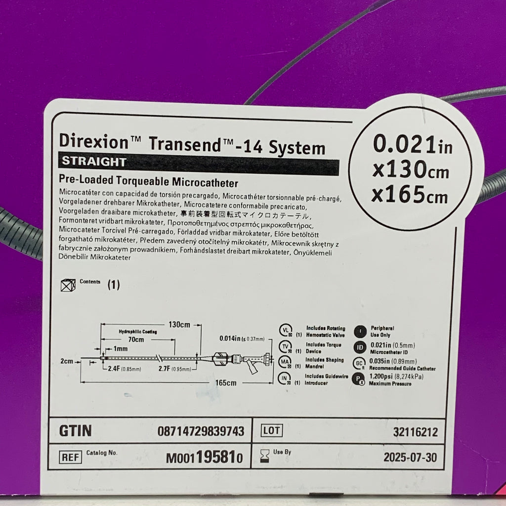 BOSTON SCIENTIFIC REF M001195810 Direxion Transend-14 Microcatheter System Straight 0.021in x 130cm x 165cm, EXP.2025/07