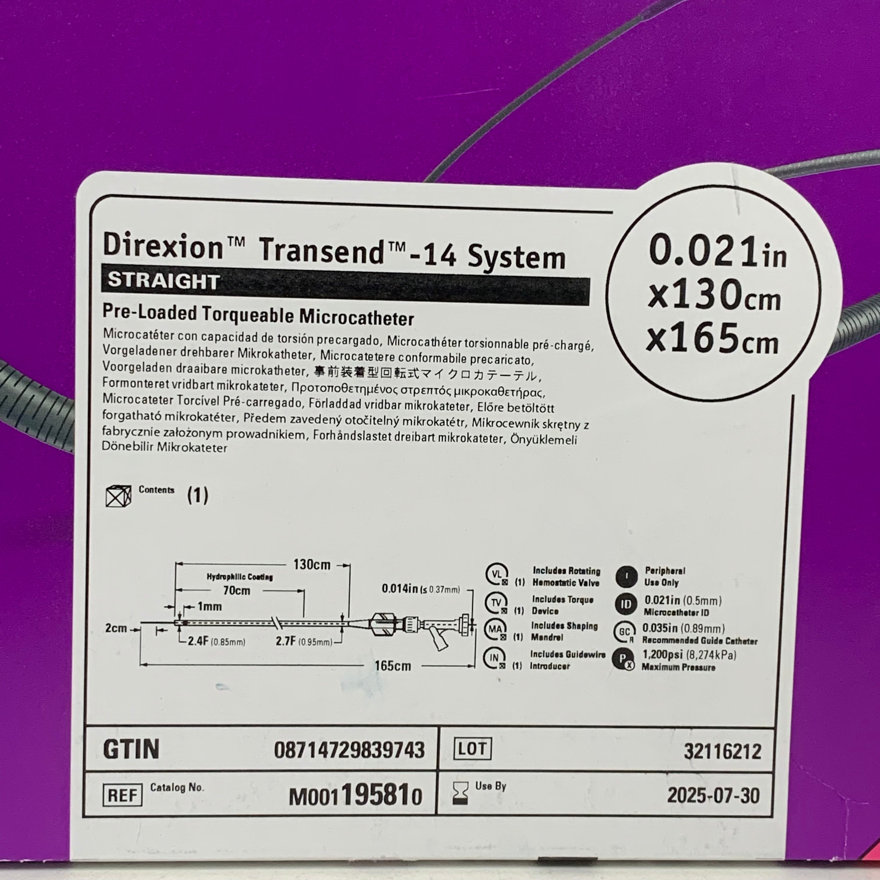 BOSTON SCIENTIFIC REF M001195810 Direxion Transend-14 Microcatheter System Straight 0.021in x 130cm x 165cm, EXP.2025/07