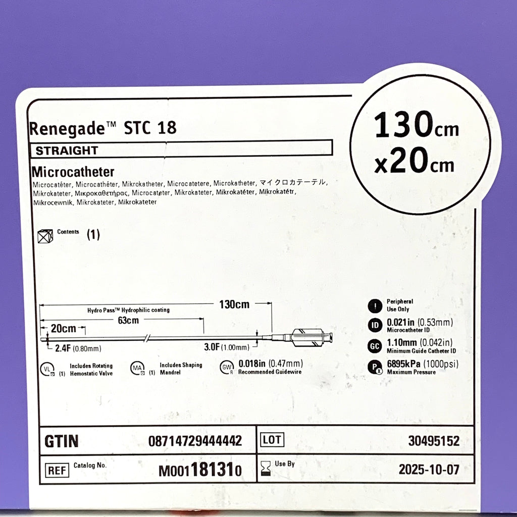 BOSTON SCIENTIFIC REF M001181310 Renegade STC 18 Straight Microcatheter 130cm x 20cm, Exp.2025/10