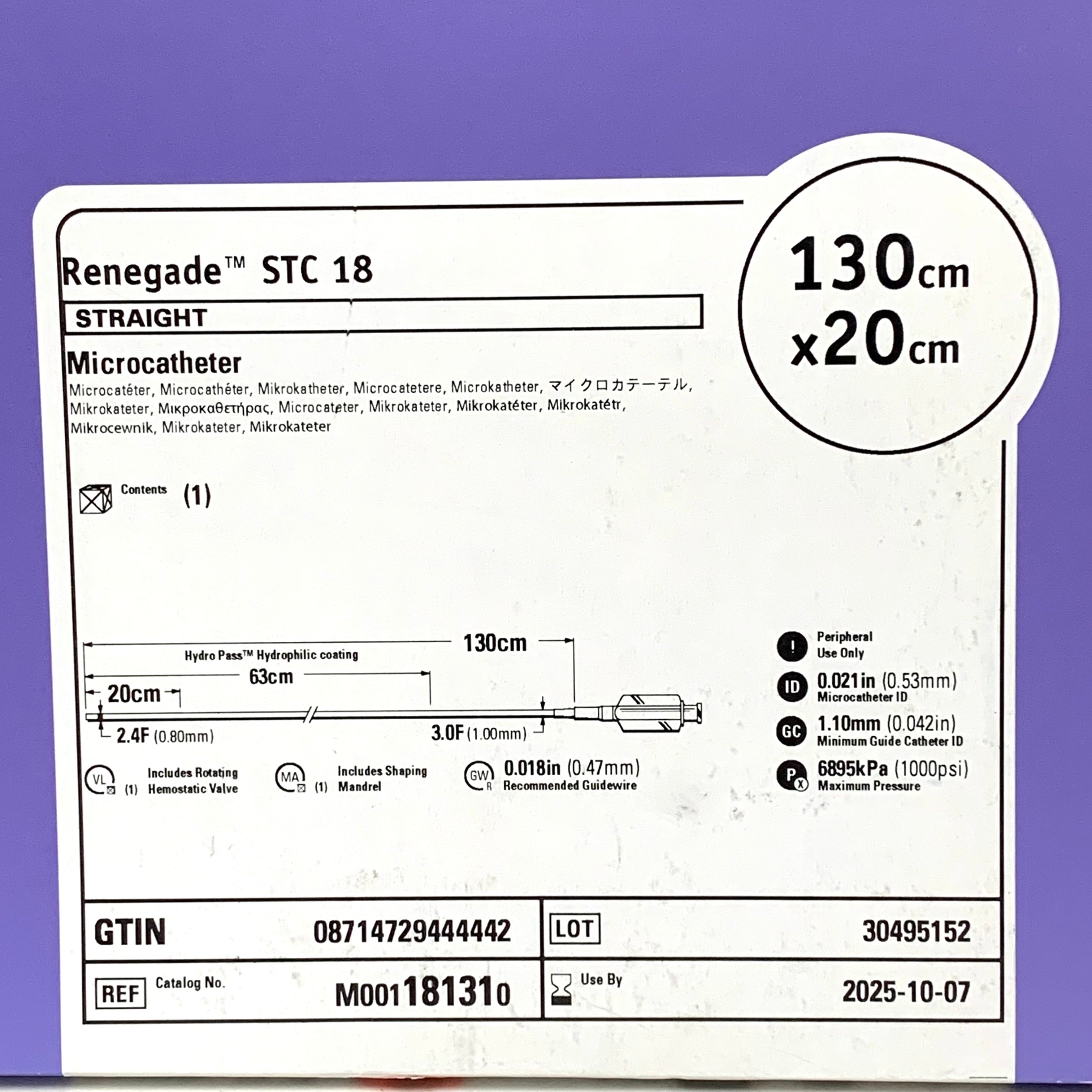 BOSTON SCIENTIFIC REF M001181310 Renegade STC 18 Straight Microcatheter 130cm x 20cm, Exp.2025/10
